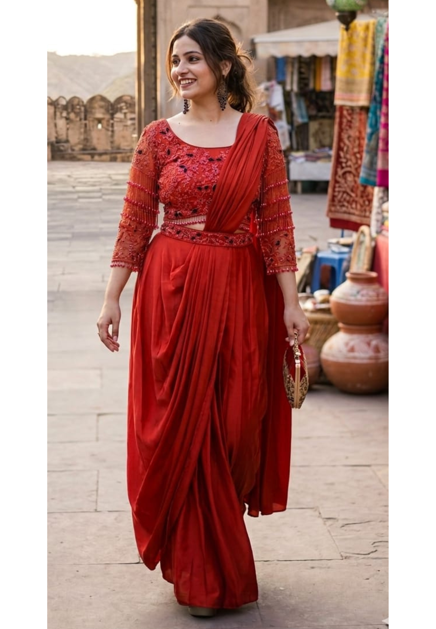 Rust Crystal-Embellished Crepe Dhoti Saree Set A designer ensemble fea Rust Crystal-Embellished Crepe Dhoti Saree Set A designer ensemble fea