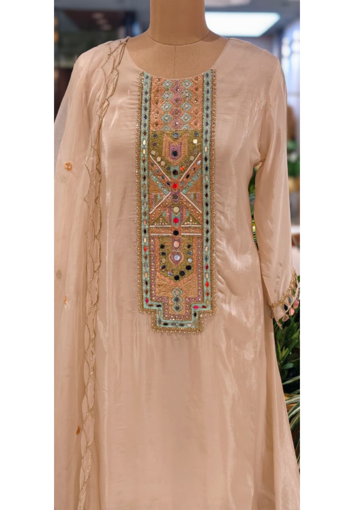 Royal Multicolor Yoke With Real Mirror Touch A-Line Full Suit Set With Dupatta In HO Silk Fabric- 14074