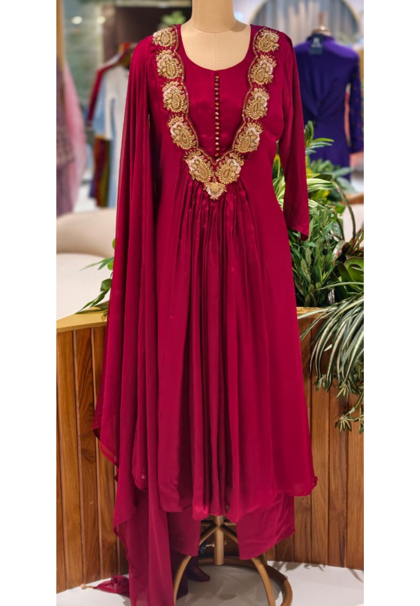 Golden Intricate Embroidery Work 3D Yoke Neck Line Anarkali Full Suit Set With Dupatta- 13998