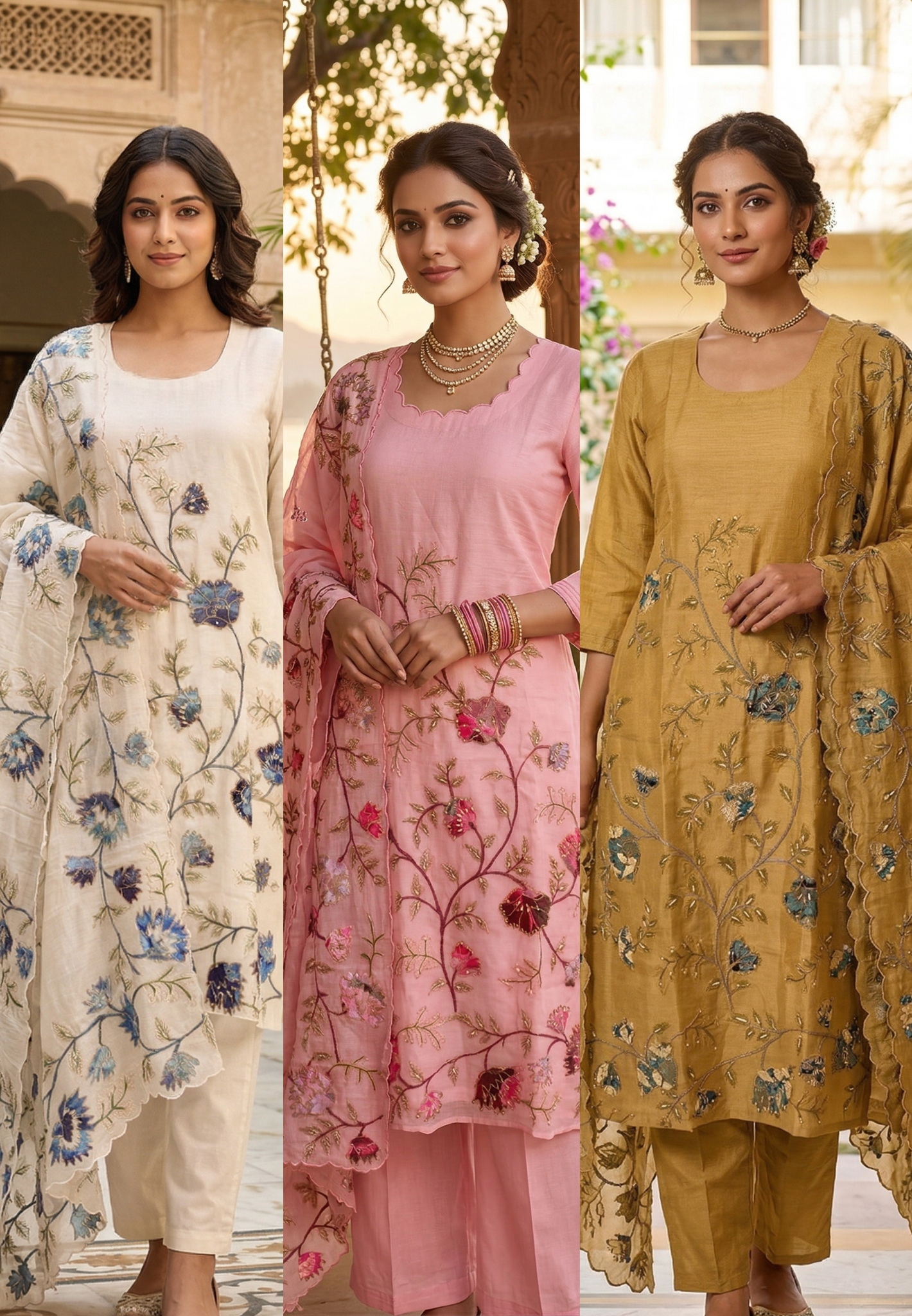 Elegant Soft Mul Chanderi Straight Cut Suit Set with Intricate Floral Embroidery- 14029 RB107