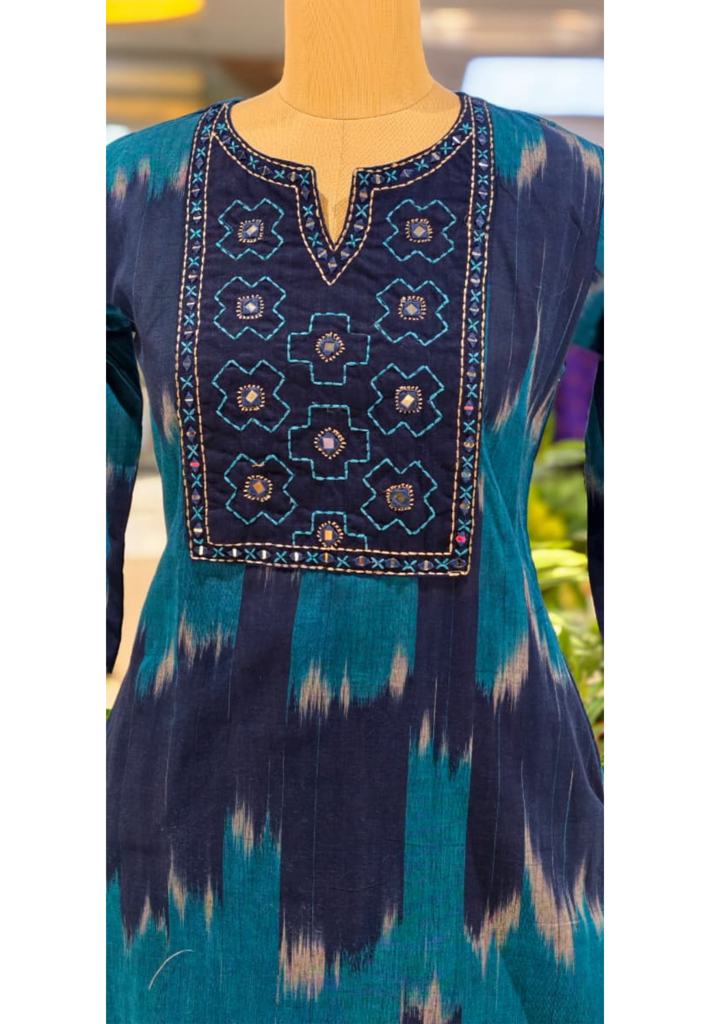 Ikkat Inspired Summer Wear Cotton Kurta Pant Set With Mirror Touch In Yoke RB111-14032