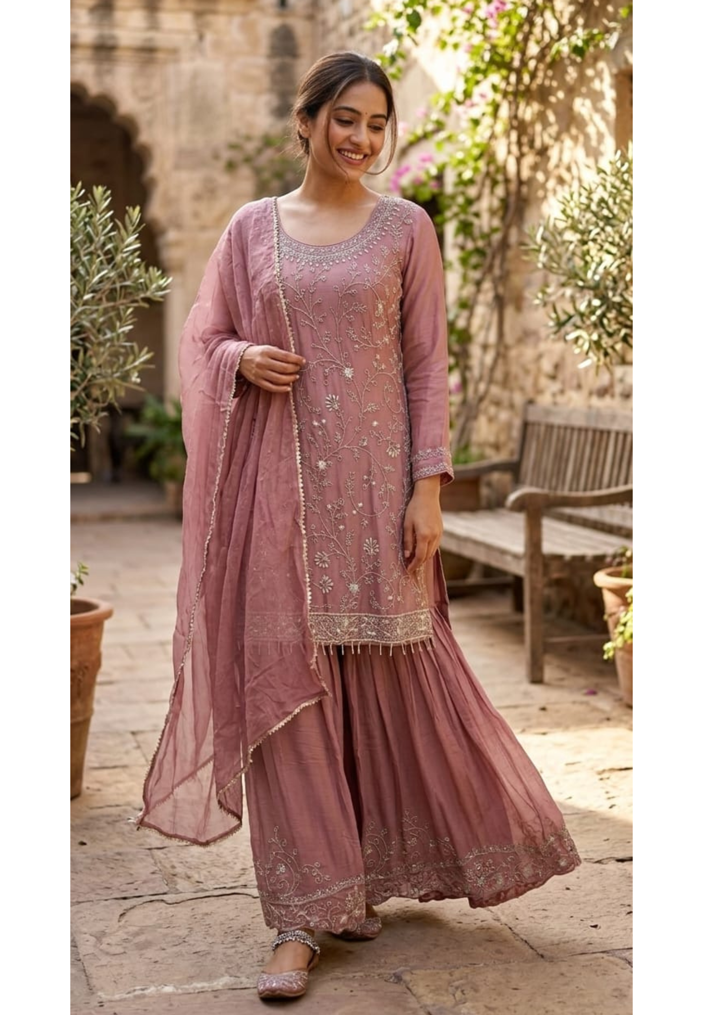 Misty Mauve Elegant Scattered Handwork Chinon Full Suit Set With Dupatta & Palazzo Bottom- 13626