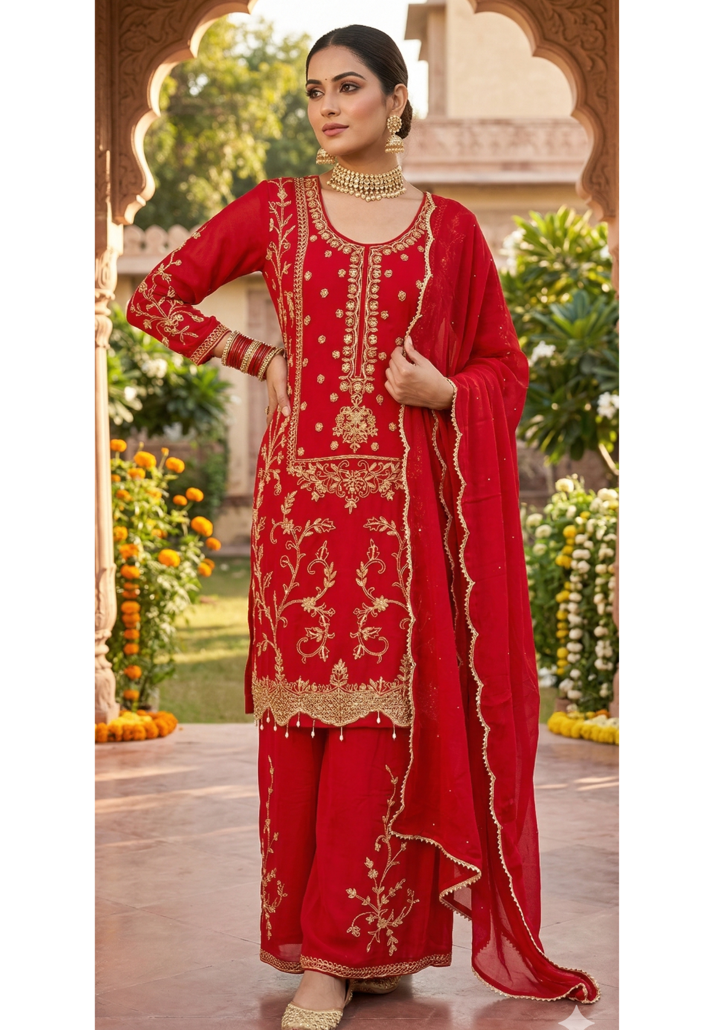 Vibrant Floral Motif Zardosi Wok Heavy Chinon Full Suit Set With Dupatta & Palazzo Bottom- 13624