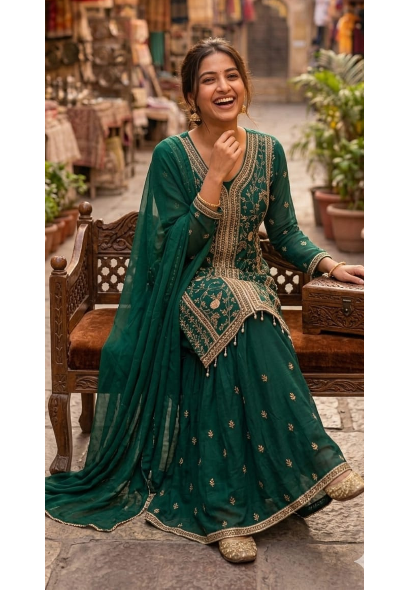 Beautifully Pattrened Zarina Pearl Work Heavy Wear Chinon Full Suit Set With Dupatta & Palazzo Bottom-13627