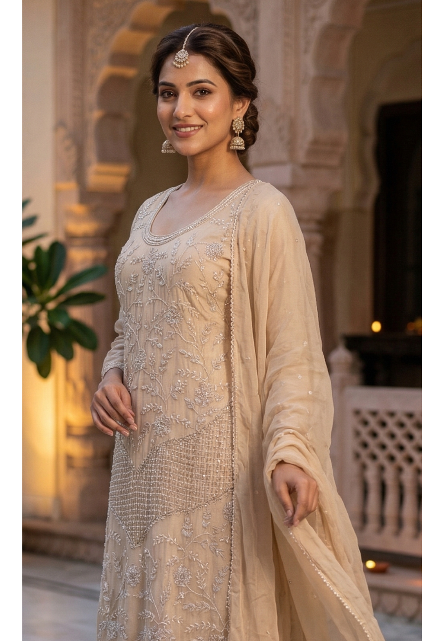 Cut Dana Floral Blossom Elegant Handwork Heavy Full Suit Set With Scalloped Dupatta In Chinon Fabric- 13631