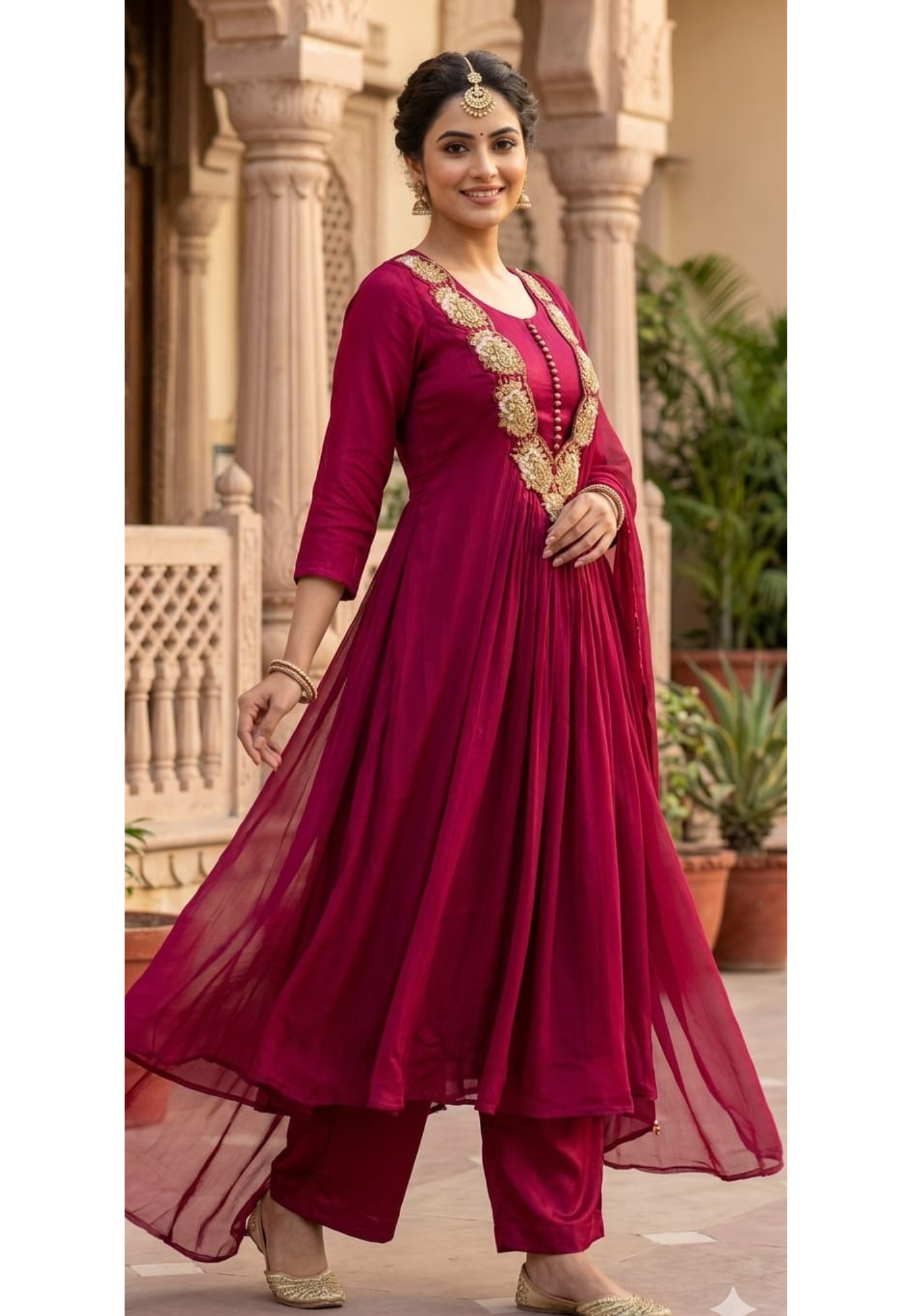 Golden Intricate Embroidery Work 3D Yoke Neck Line Anarkali Full Suit Set With Dupatta- 13998