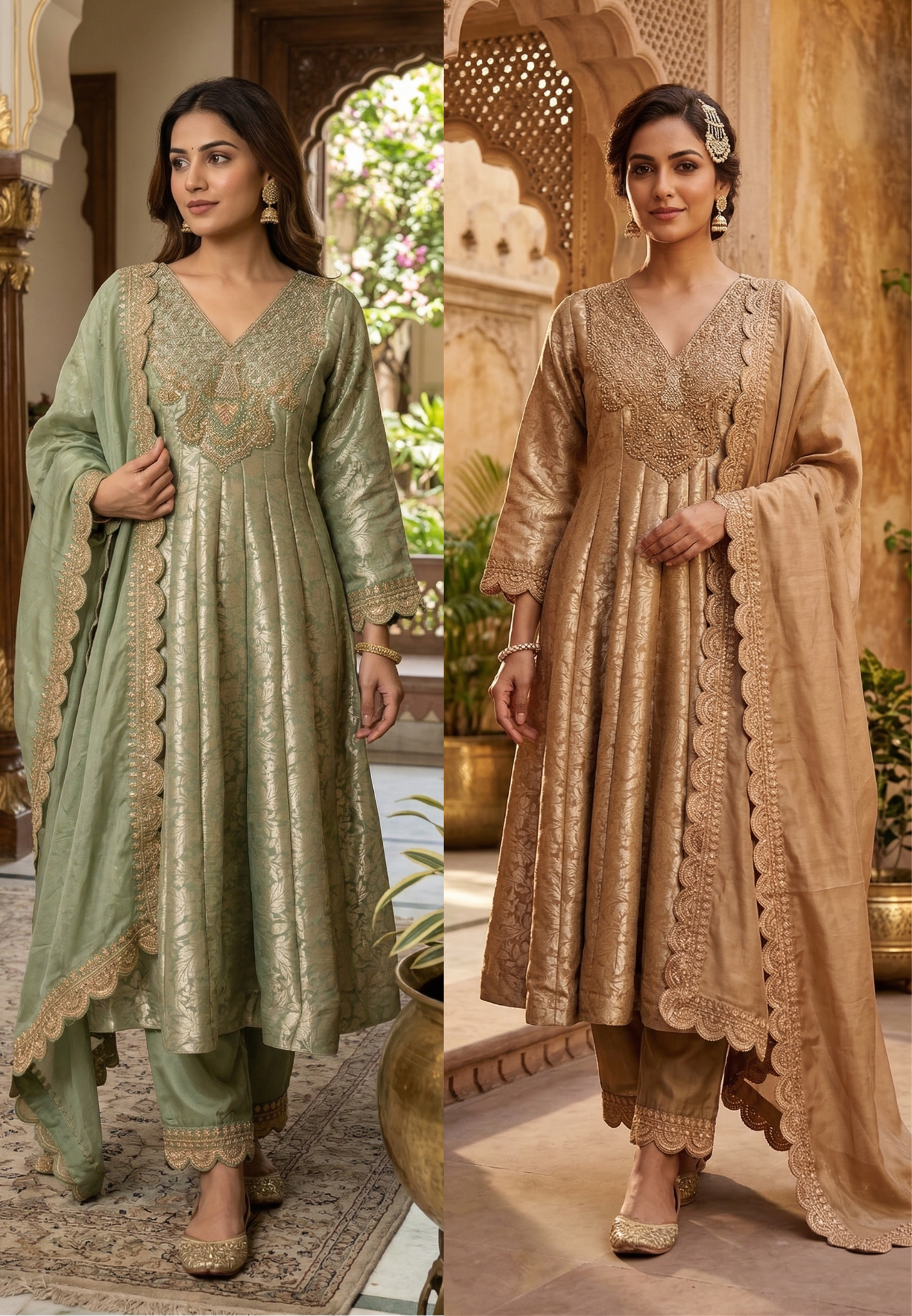 Jacquard Pattern Stunning Heavy Neck Embroidery Brocade Panel Anarkali Full Set- 14072