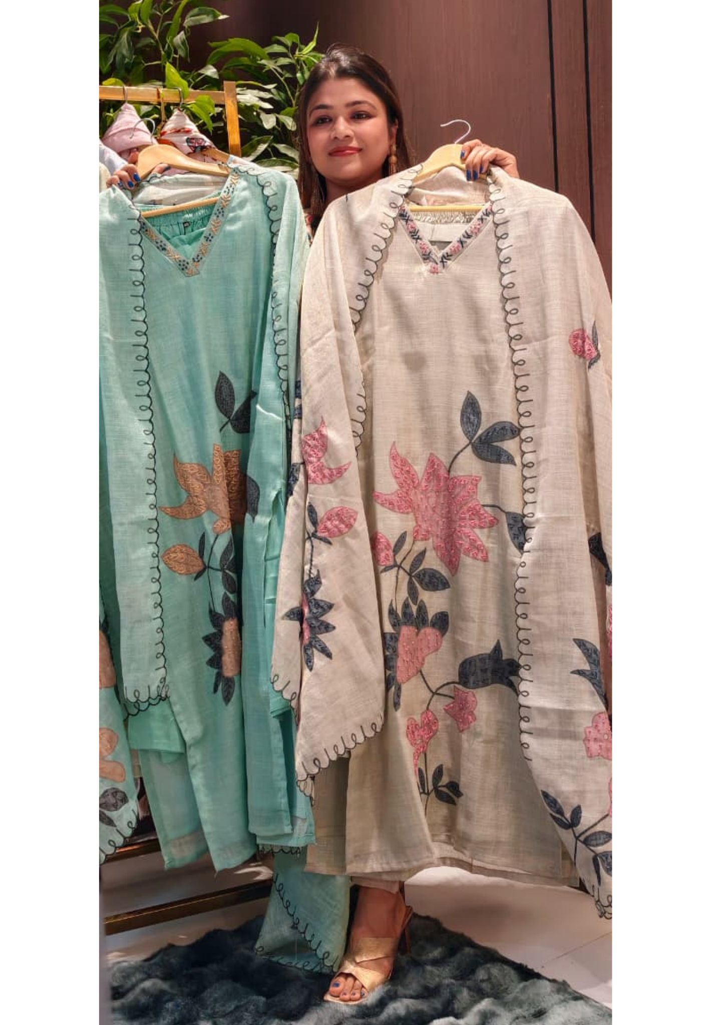 Floral Handwork Straight Fit Ensemble Elegant Linen Embroidered Kurta Set with Dupatta 13970 RB32