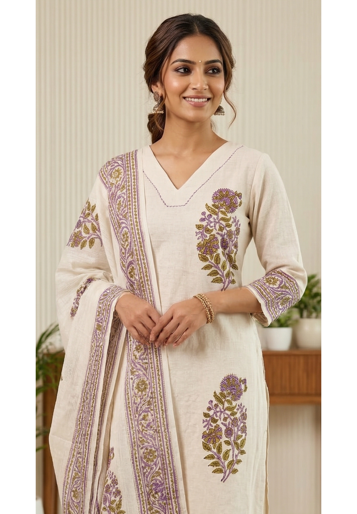 Minimal Floral Printed V-Neck Casual Wear Cotton Full Suit Set With Dupatta In Flex Cotton Fabric- 13988 RB123