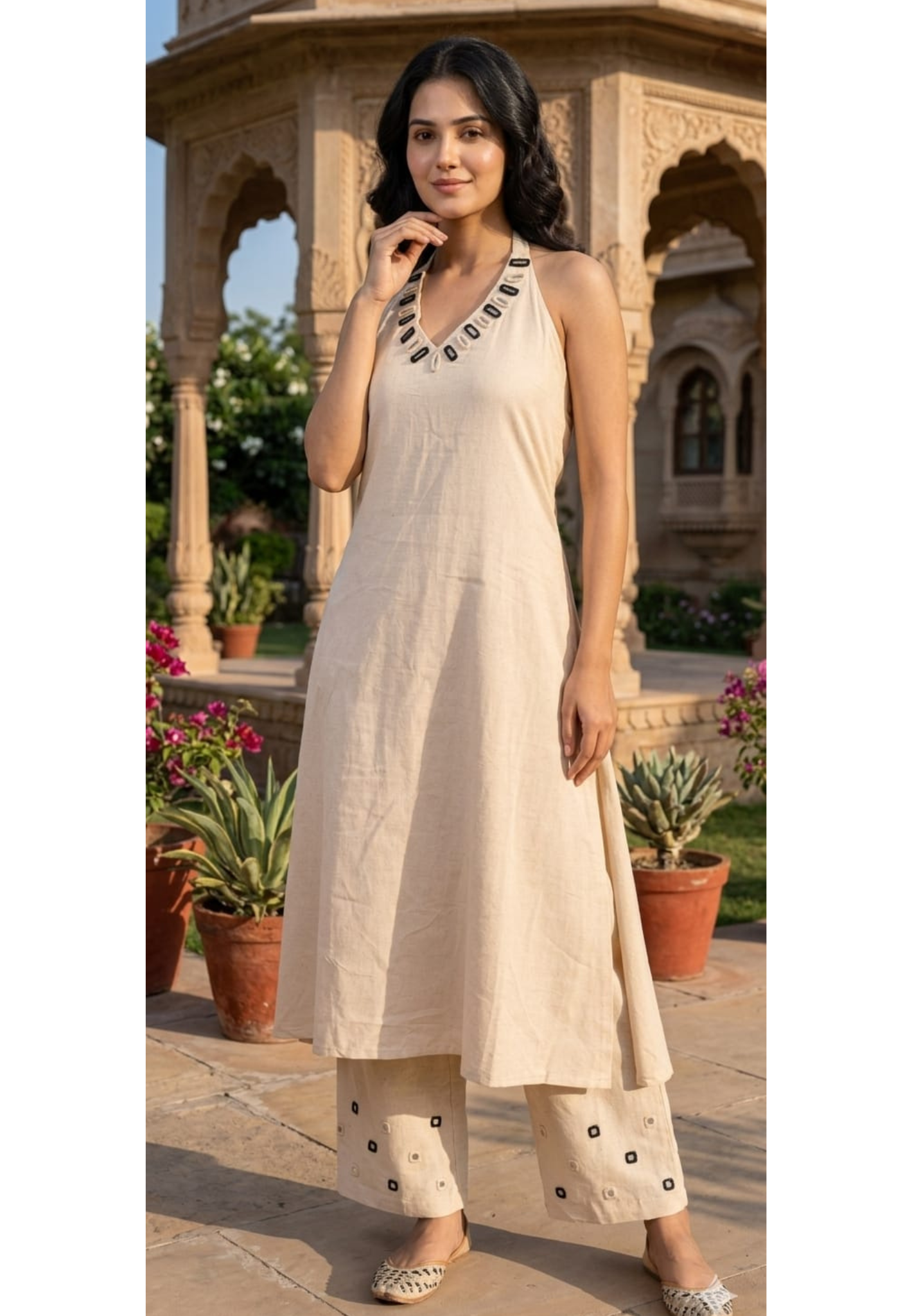 Real Mirror Halter Neckline Summer Friendly Solid Kurta Pant Set In Cotton Fabric- 14177 RB169