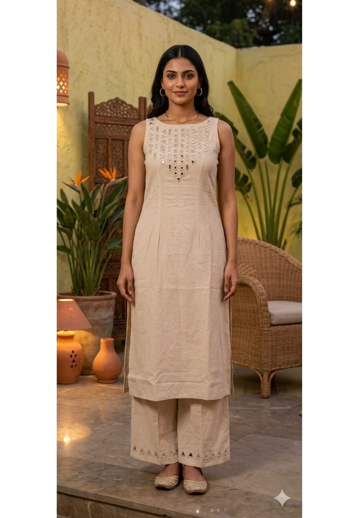 Elegant Handloom Cotton Sleeveless Kurta Set with Mirror Cutwork Neck With Loose Pants-14187 RB173