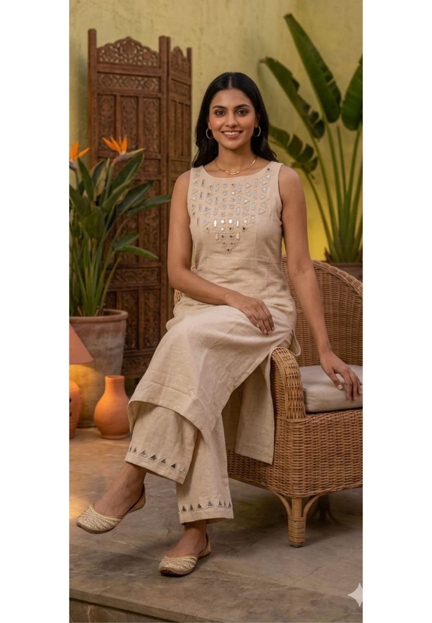 Elegant Handloom Cotton Sleeveless Kurta Set with Mirror Cutwork Neck With Loose Pants-14187 RB173