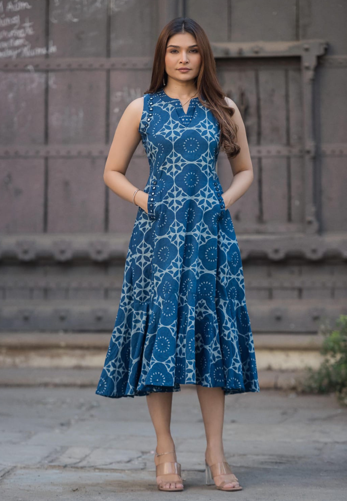 Handloom Cotton Sleeveless Frock with Shibori Print with Pockets-14183 RB174