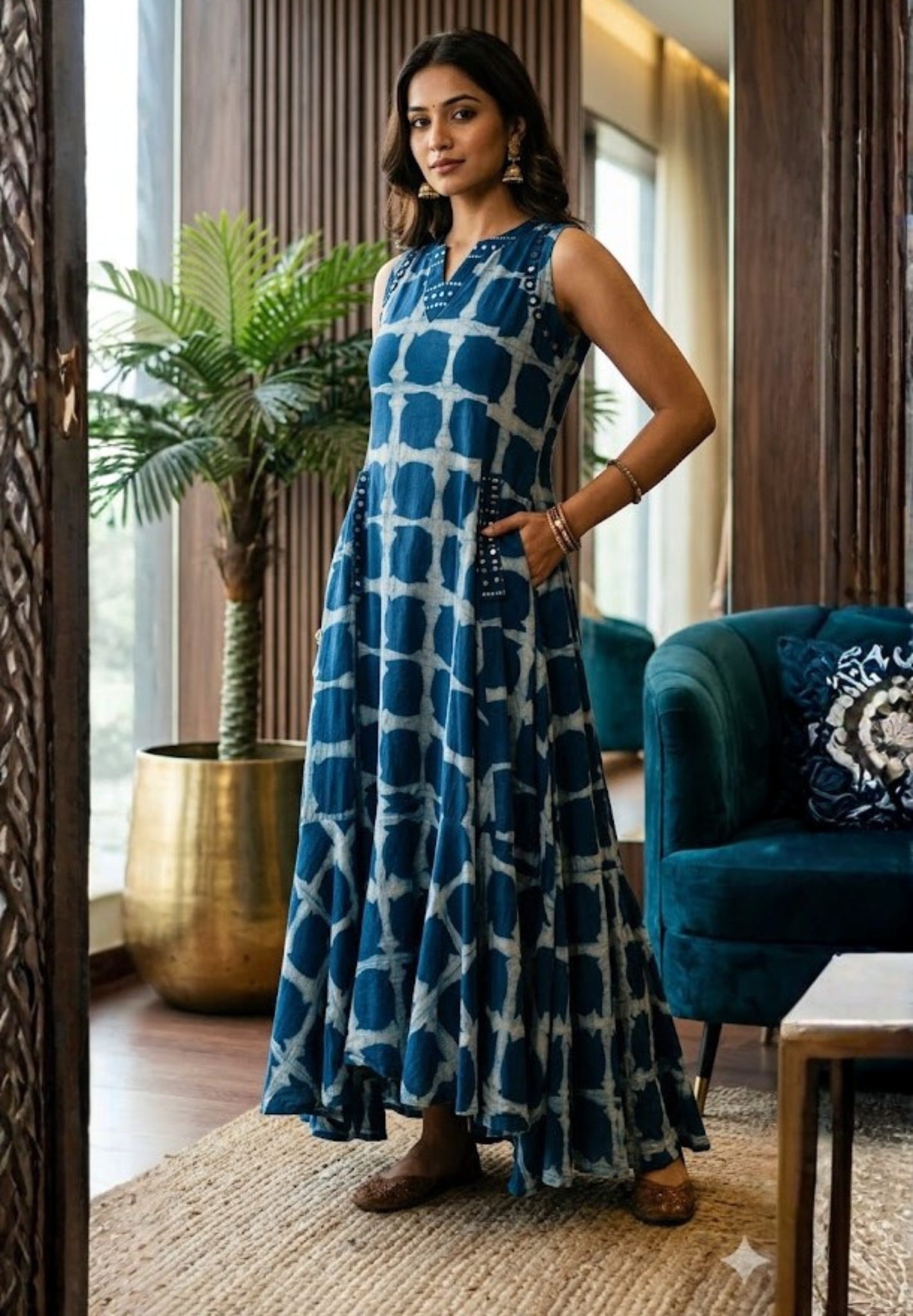 Handloom Cotton Sleeveless Frock with Shibori Print with Pockets-14183 RB174