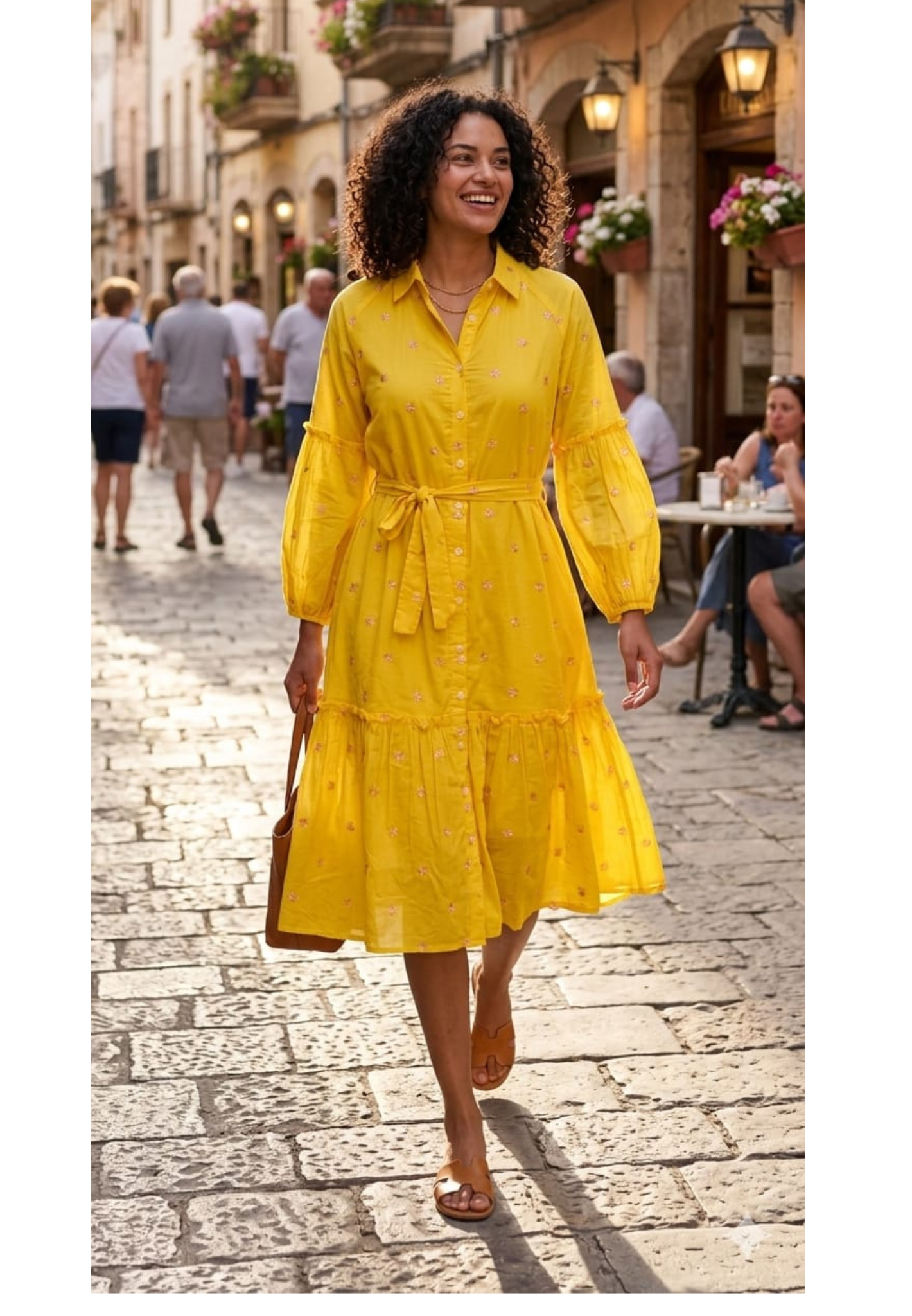 Sunshine Yellow Cotton Mul Shirt Dress with Delicate Embroidery & Tie-Up Waist