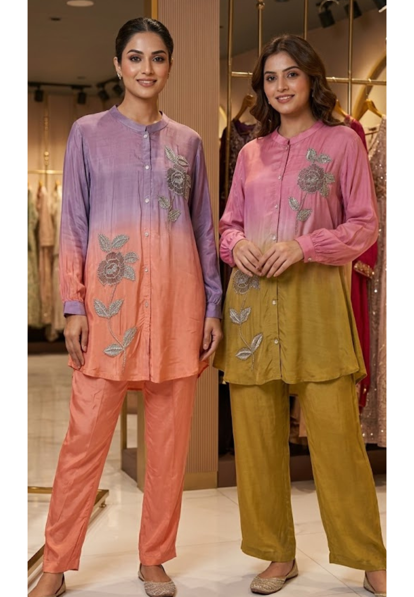 Pearl Petal Hand-Embroidered Soft Gradient Floral Co-Ord Set