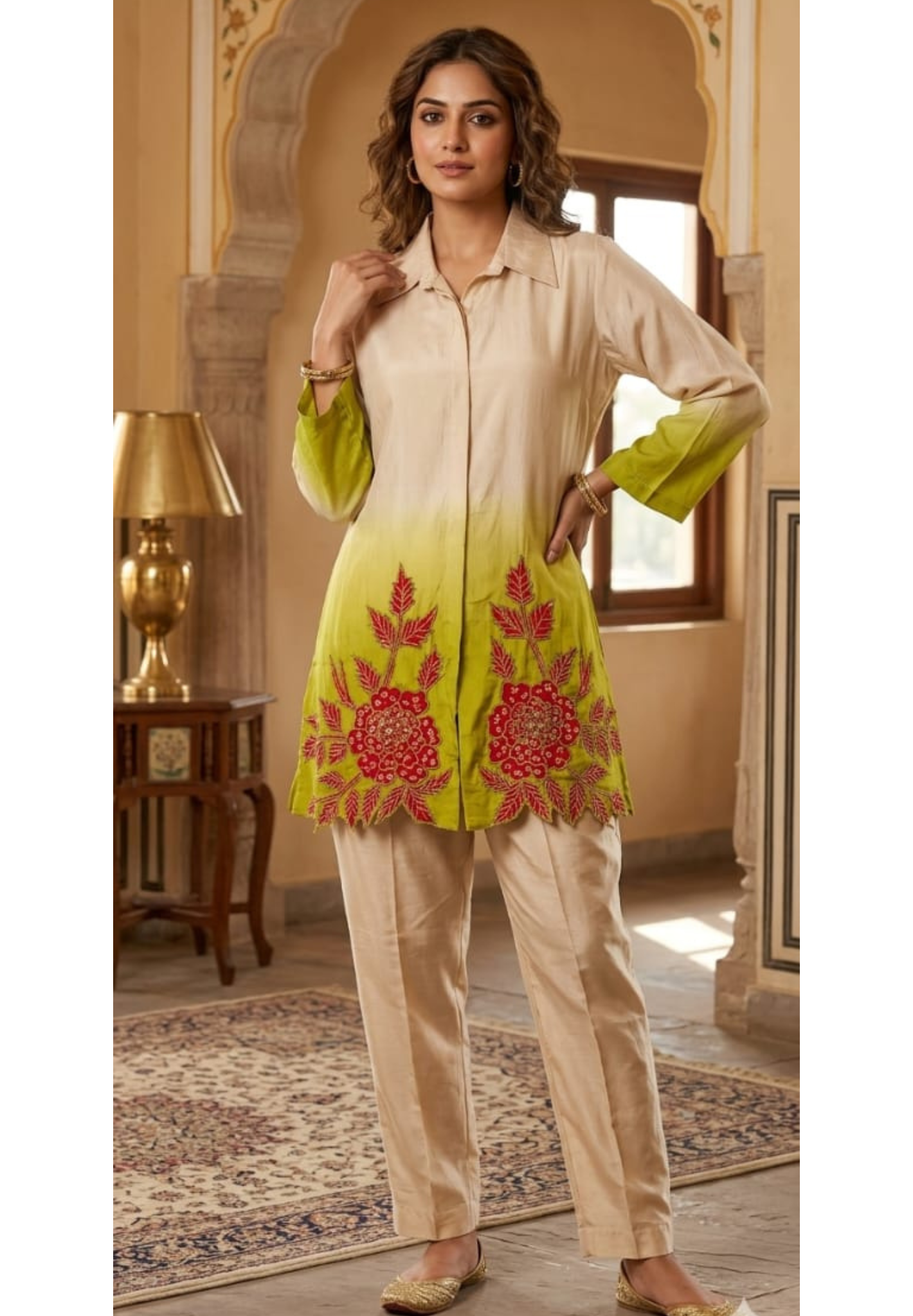 Ombre Shade With Ruby Touch Floral Co-Ord Set In Crepe Fabric- 14312