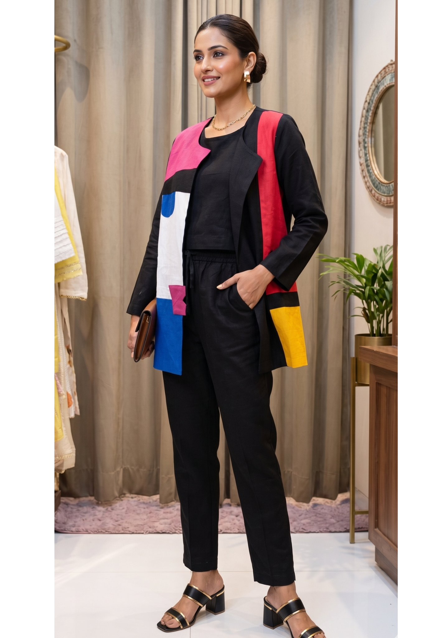 Multi Color Half Faced Look Stylish Cotton Co-Ord Set With Buster & Jacket