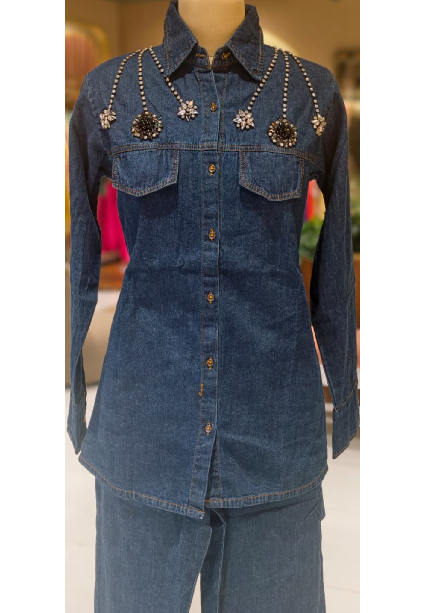 Reinstone Over Pocket & Collar Smart Look Solid Denim Co-Ord Set-14337 RB226