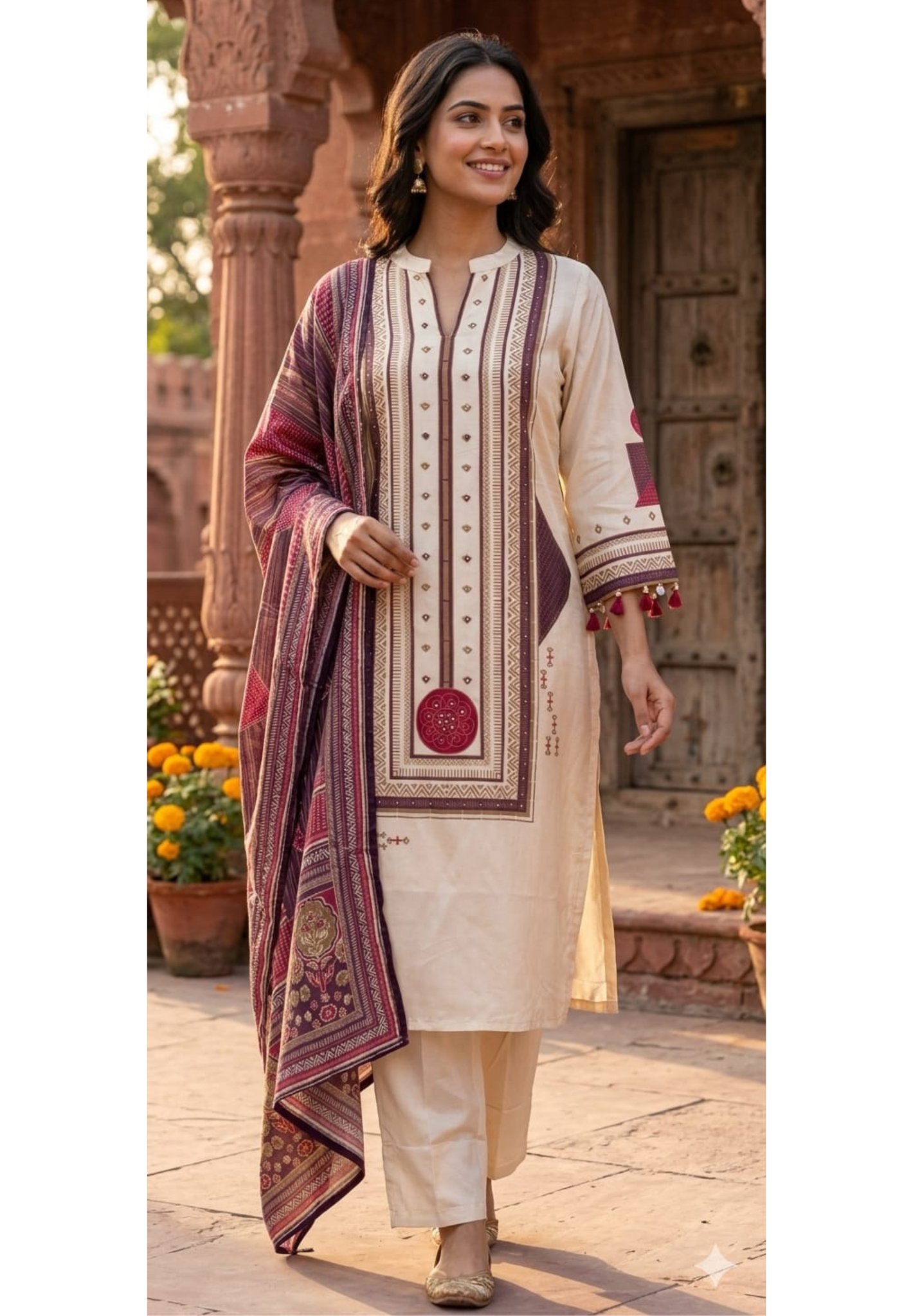 Royal Ivory Ethnic Russian Silk Full Suit Set with Intricate Geometric Embroidery,& Rich Woven Dupatta-14348 RB271