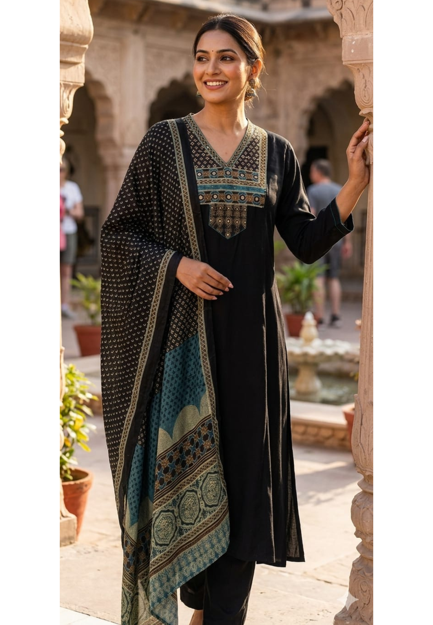 Midnight Black Muslin Full Suit Set with Intricate Geometric Embroidery, Neck Panel & Rich Printed Dupatta in Teal Accents 14361 RB274
