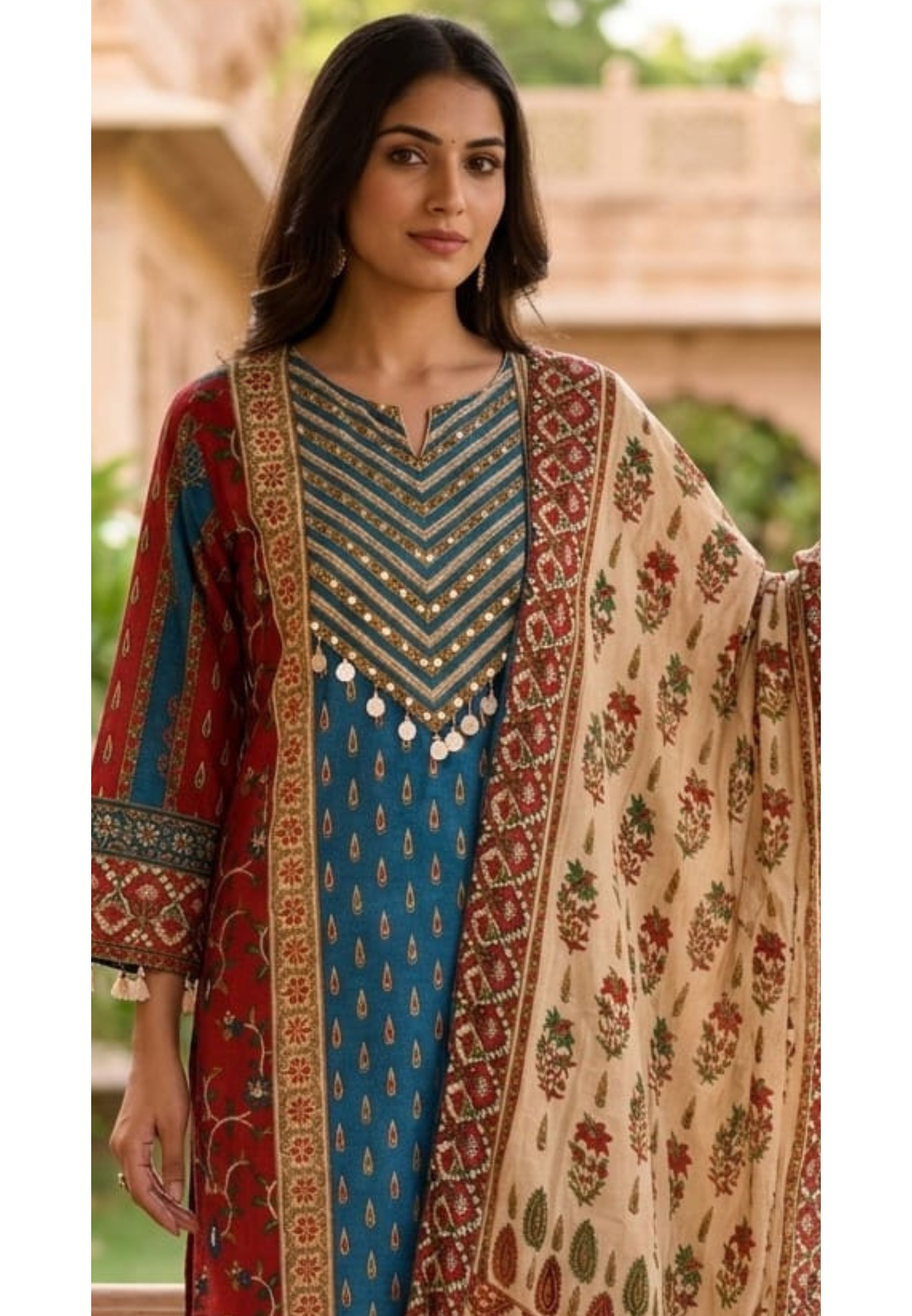 Royal Teal & Crimson Ethnic Muslin Full Suit Set with Intricate Traditional Prints, Embellished Neckline & Rich Floral Dupatta-14347 RB273