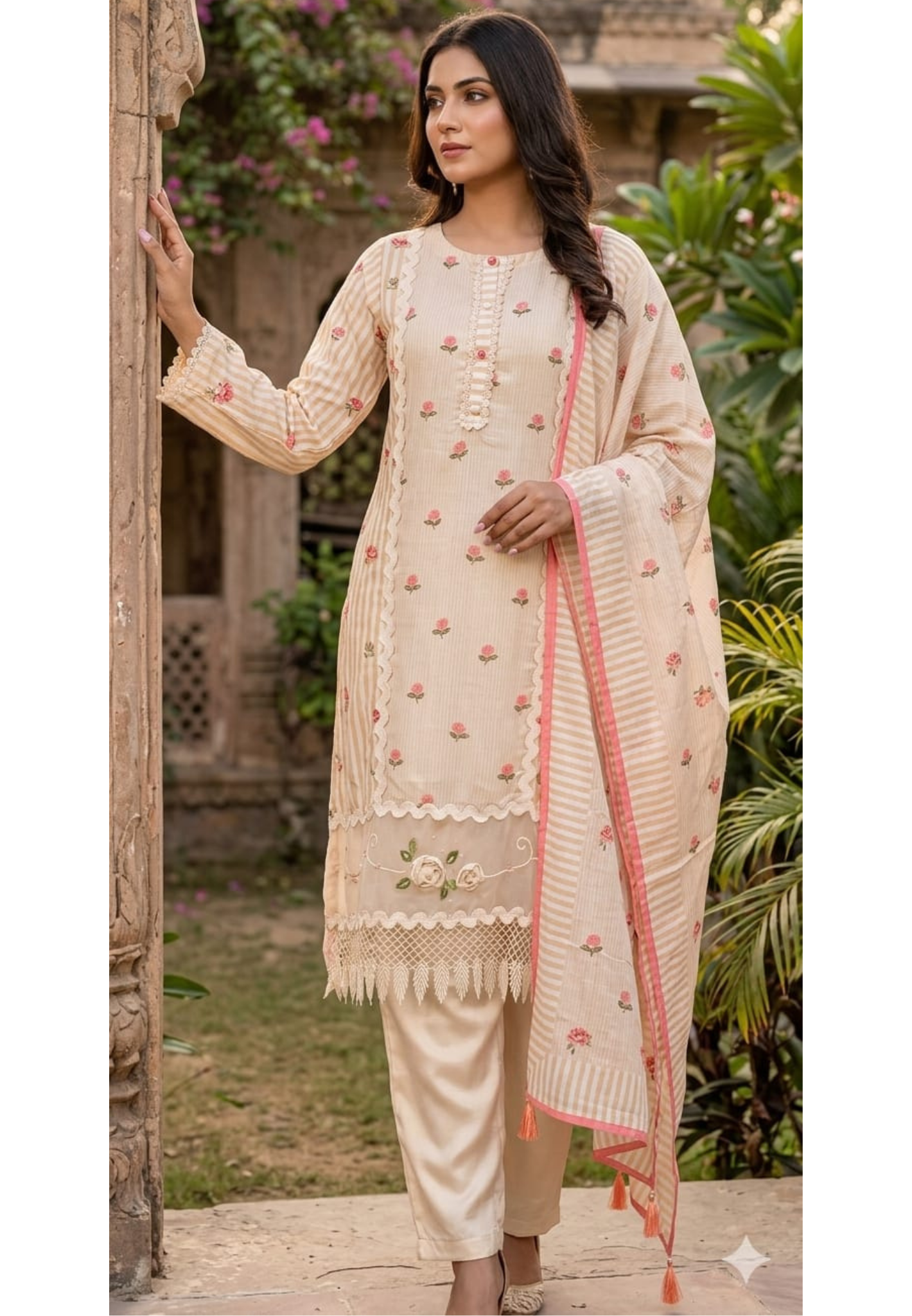 Ivory Beige Floral Embroidered Suit Set with Delicate Stripe Detailing, Lace Accents & Soft Dupatta-14219 RB270