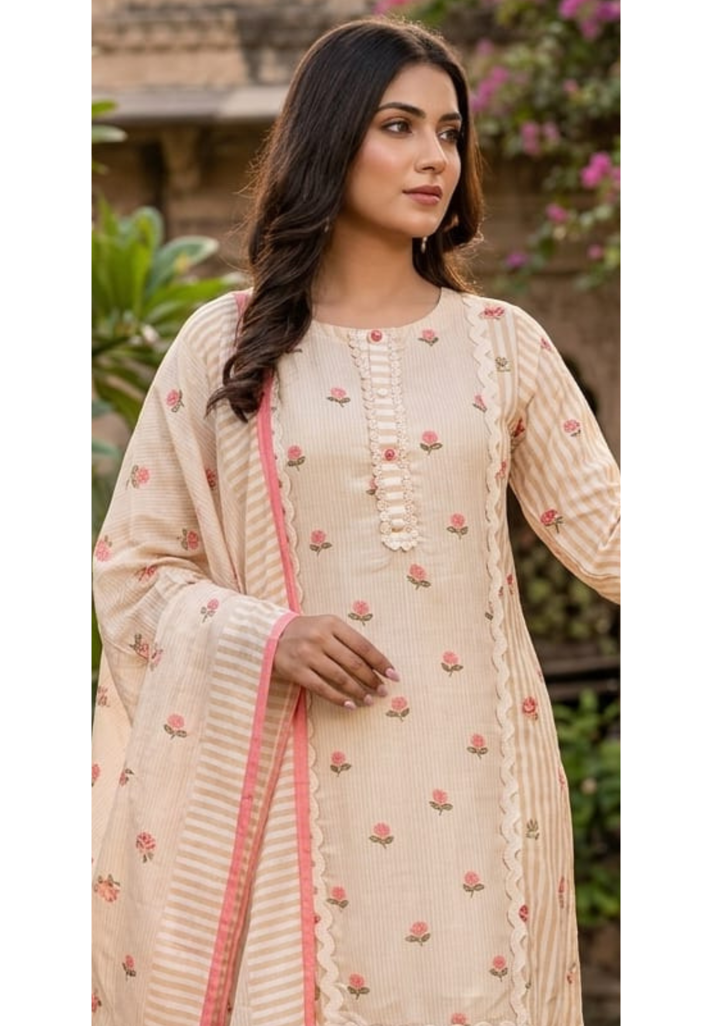 Ivory Beige Floral Embroidered Suit Set with Delicate Stripe Detailing, Lace Accents & Soft Dupatta-14219 RB270