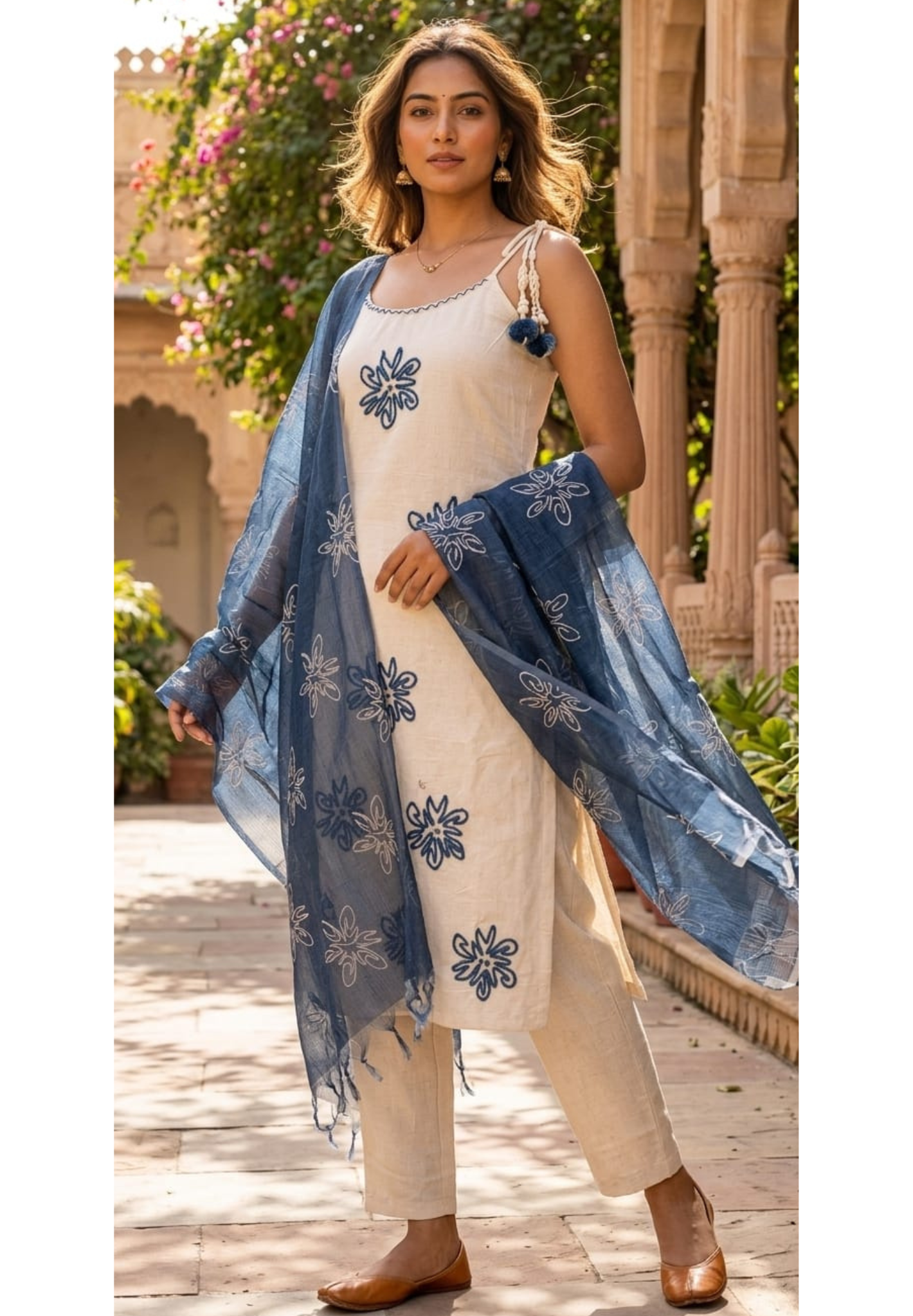 Indigo Flex Cotton Sleeveless Full Suit with Minimal Floral Embroidery & Contrast Sheer Dupatta(Lean Fit)- 14306 RB265