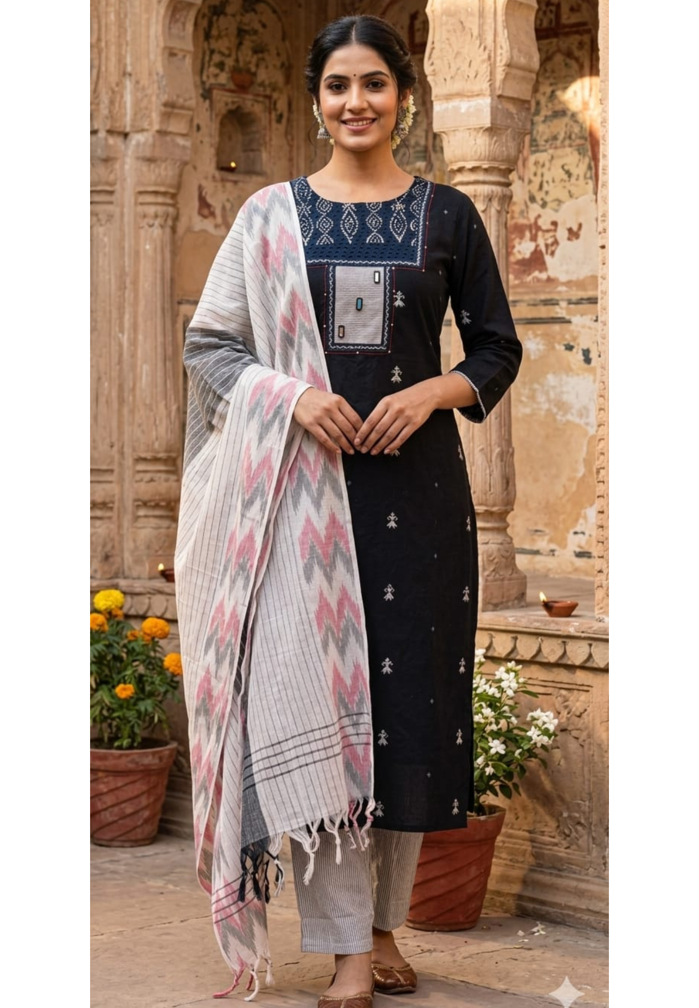 Glamrous Contrasted Black & White Embroidered Handloom Cotton Full Suit Set With Kota Doria Dupatta- 14351 RB266