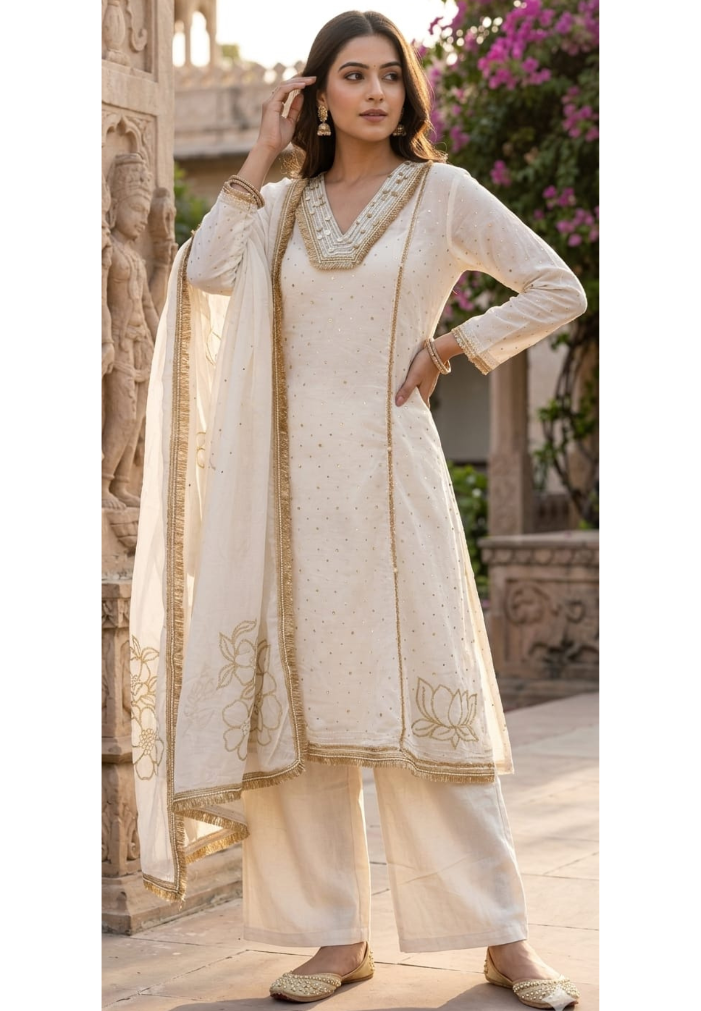 Ivory Golden Intricate Zari Embroidery Premium A-Line Full Suit Set with Separate Inner & Elegant Organza Dupatta- 14291 RB259