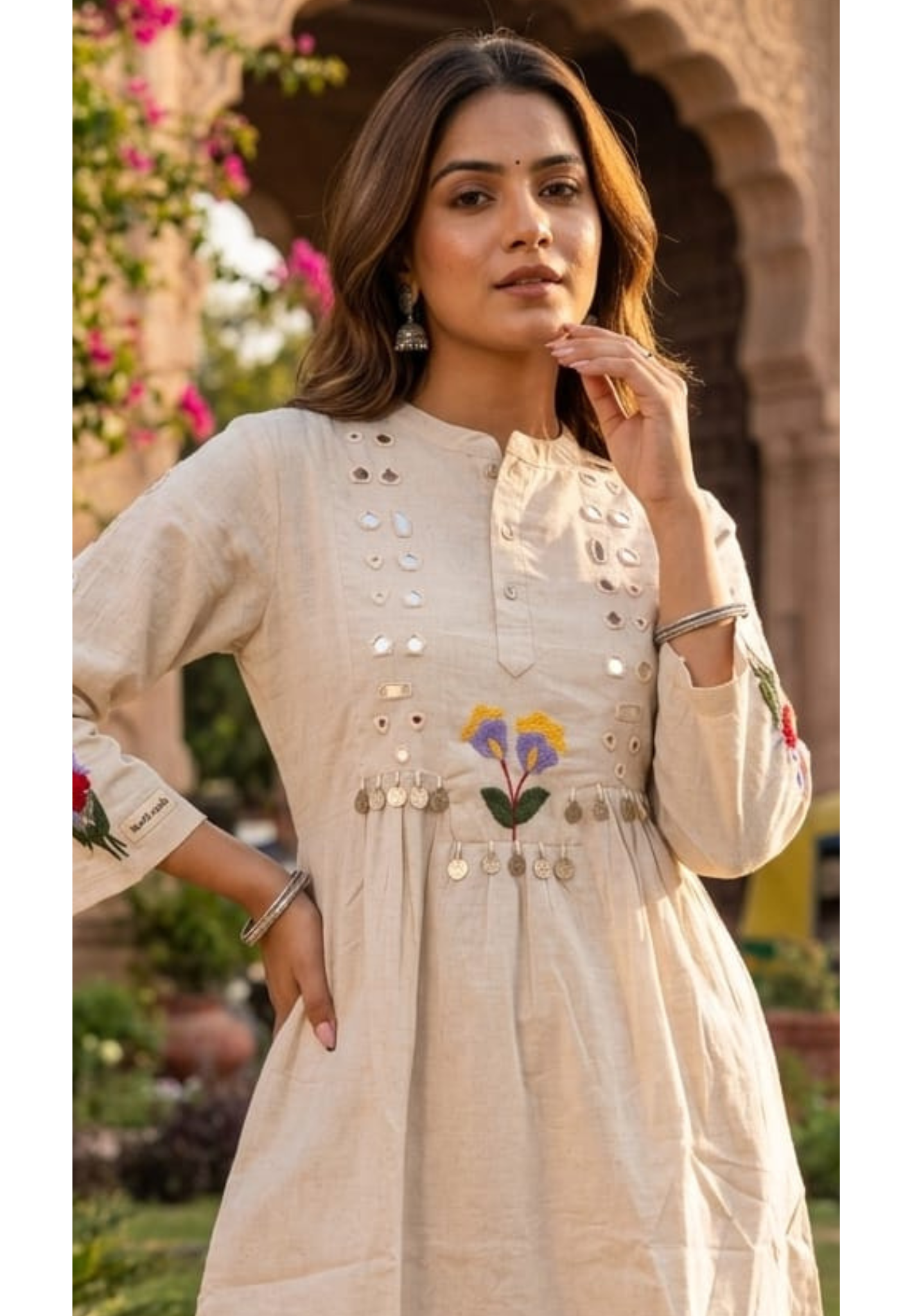 Floral Thread Embroidery Flex Cotton Kurta Pant Set with Mirror Work Detailing & Statement Tassel Accents- 14281 RB255