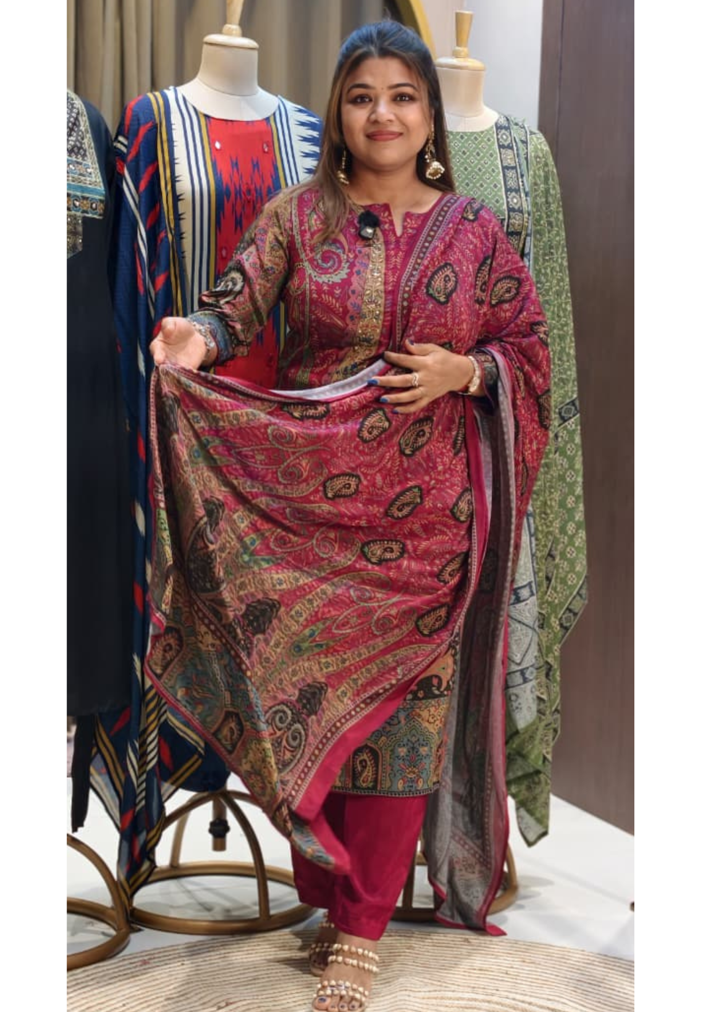 Designer Suit Set with Intricate Paisley & Mughal-Inspired Prints, Ornate Neck Panel Detailing & Rich Printed Dupatta-14358 RB267