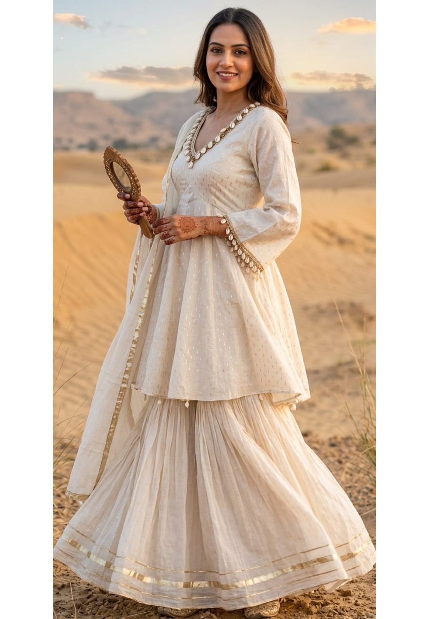 Ivory Luxe Premium Sharara Set with Handcrafted Shell Embellishments,