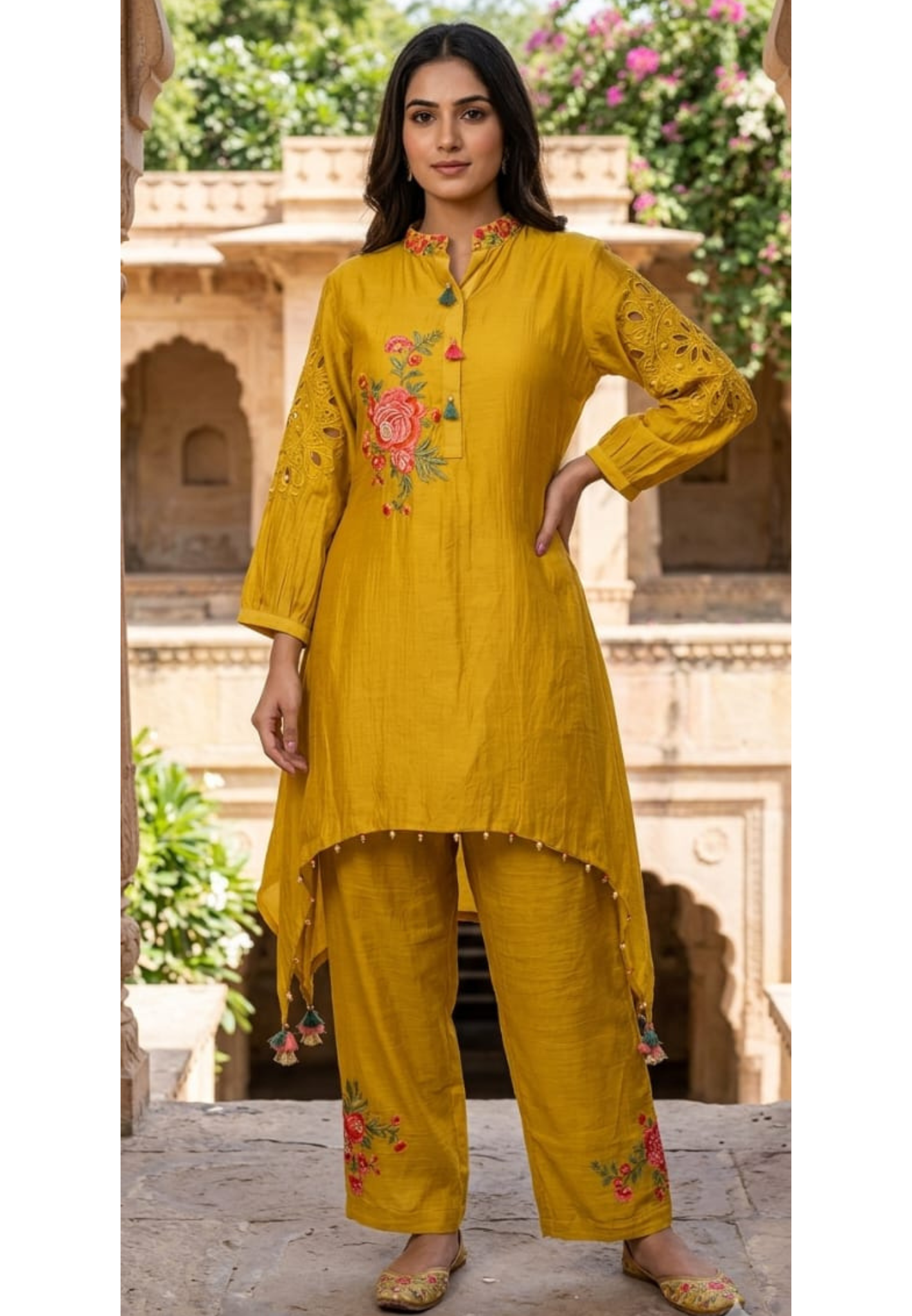 Hi Low Mustard Yellow Pure Banaras Mul Chanderi Kurta Set with Handcrafted Floral Embroidery-14240 RB258