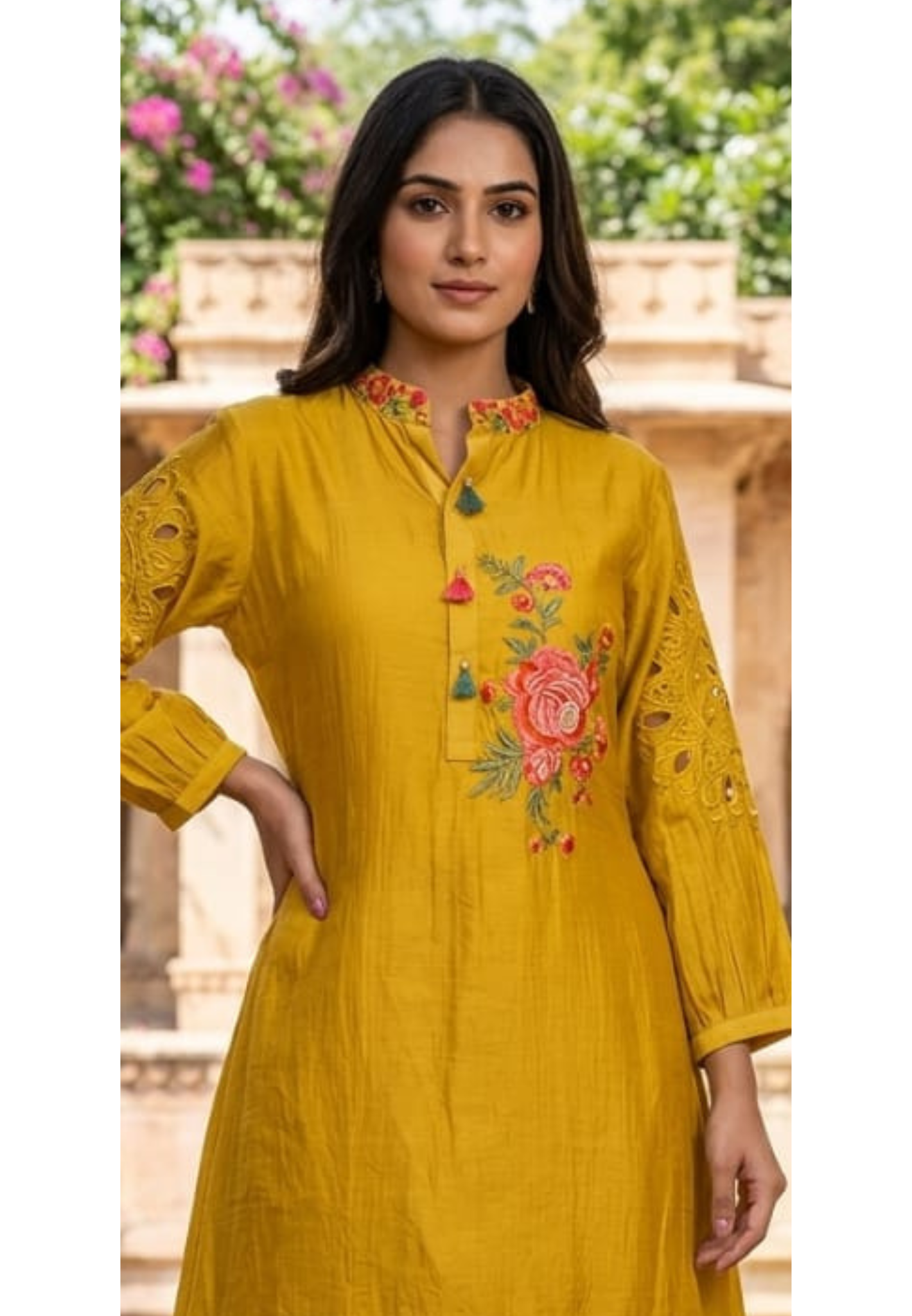 Hi Low Mustard Yellow Pure Banaras Mul Chanderi Kurta Set with Handcrafted Floral Embroidery-14240 RB258