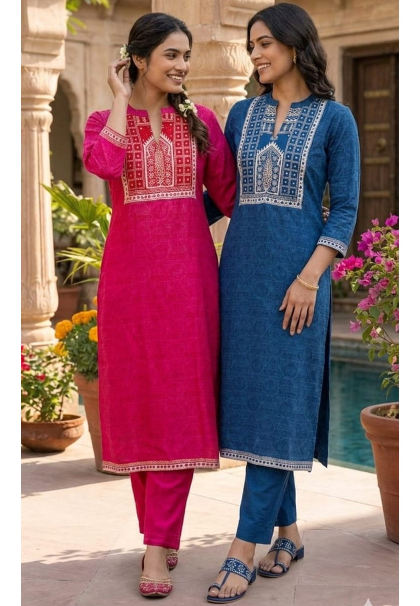 Minimal Printed Yoke Borders Outline Muslin Kurta Pant Set- 14257 RB318