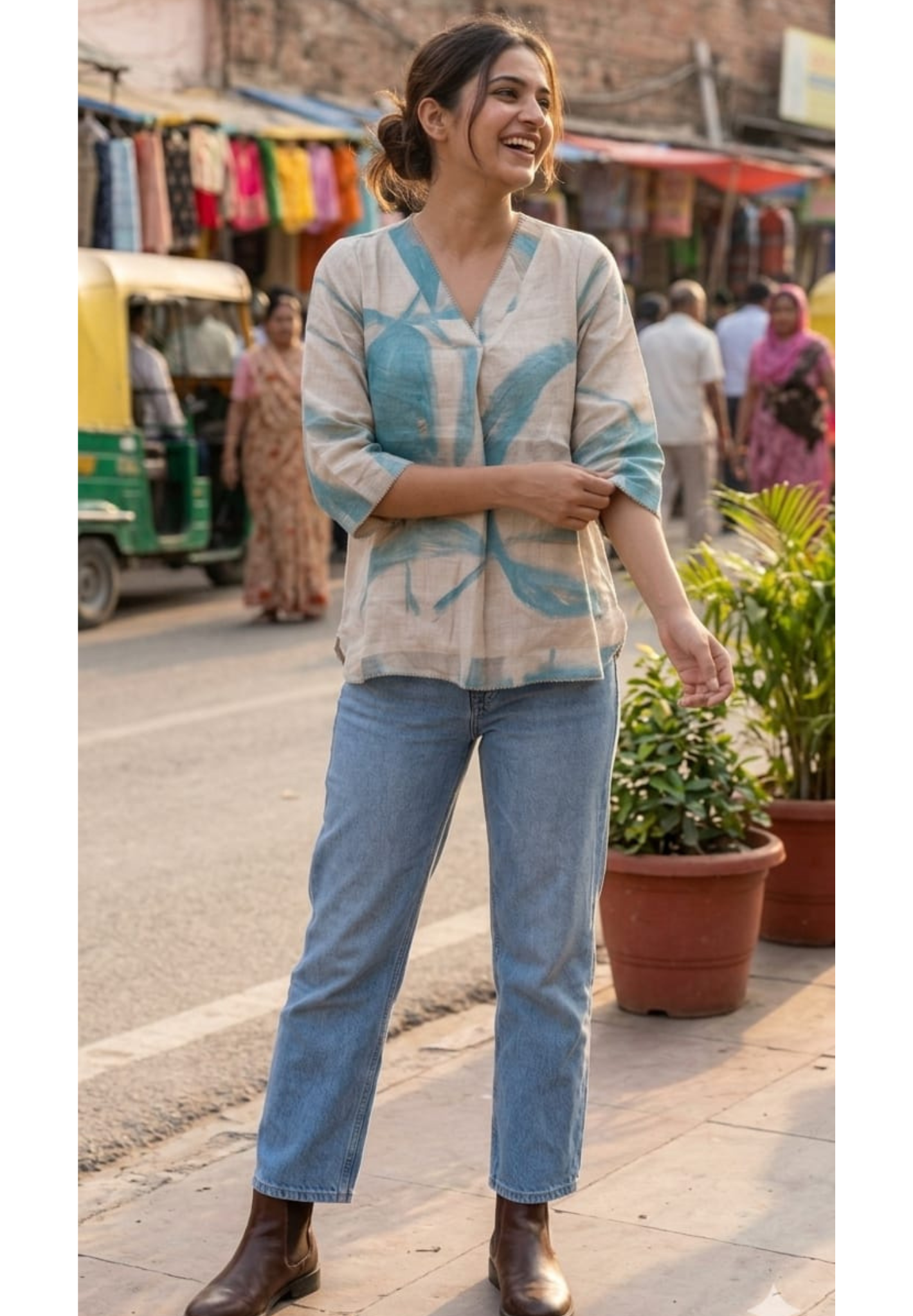 Artistic Cerulean Swirl Hand-Painted Abstract Premium Imported Tunic- 14429