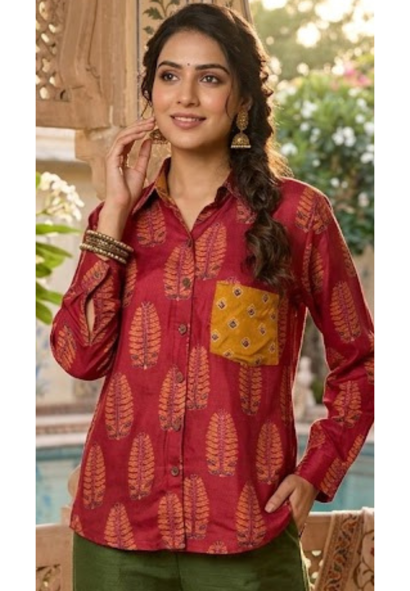Leaf Hand-Block Print Modal Muslin Shirt with Contrast Pocket Detailing-14484 RB307