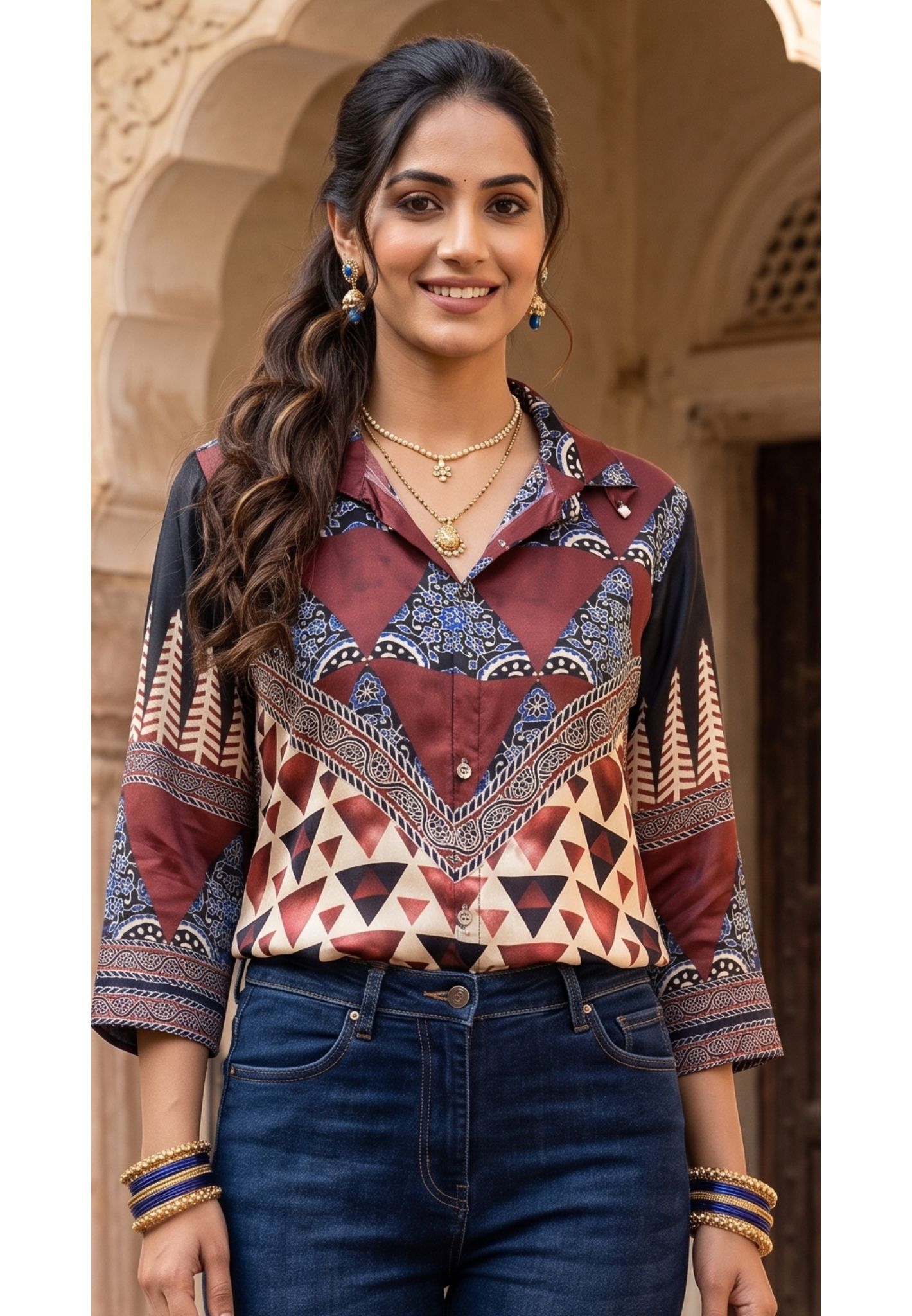 Teal Mandala Geometric Upside Down Printed Crepe Shirt-14479 RB305