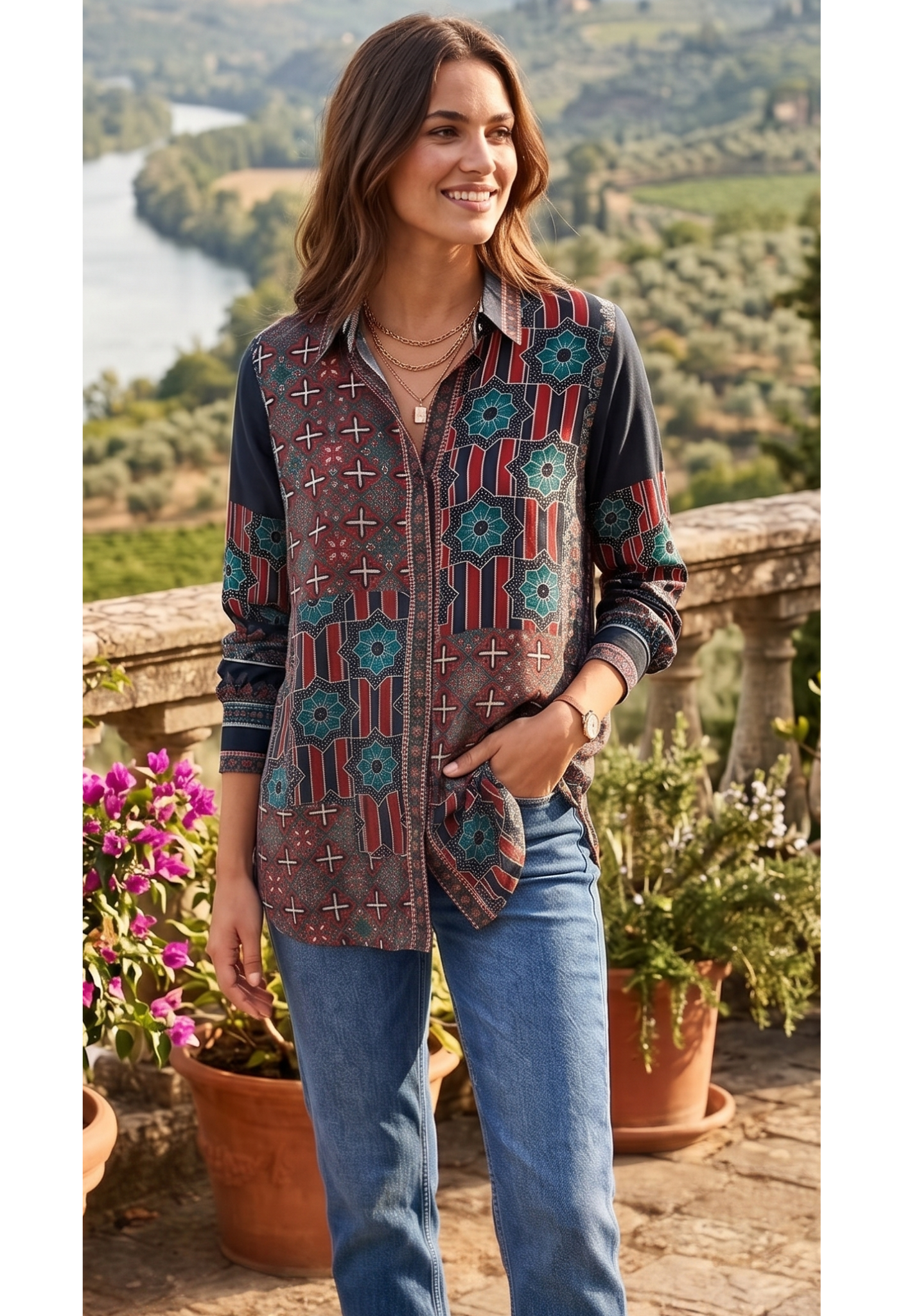 Desert Rose Geometric Ajrakh Aesthetic Casual Muslin Shirt-14477 RB308