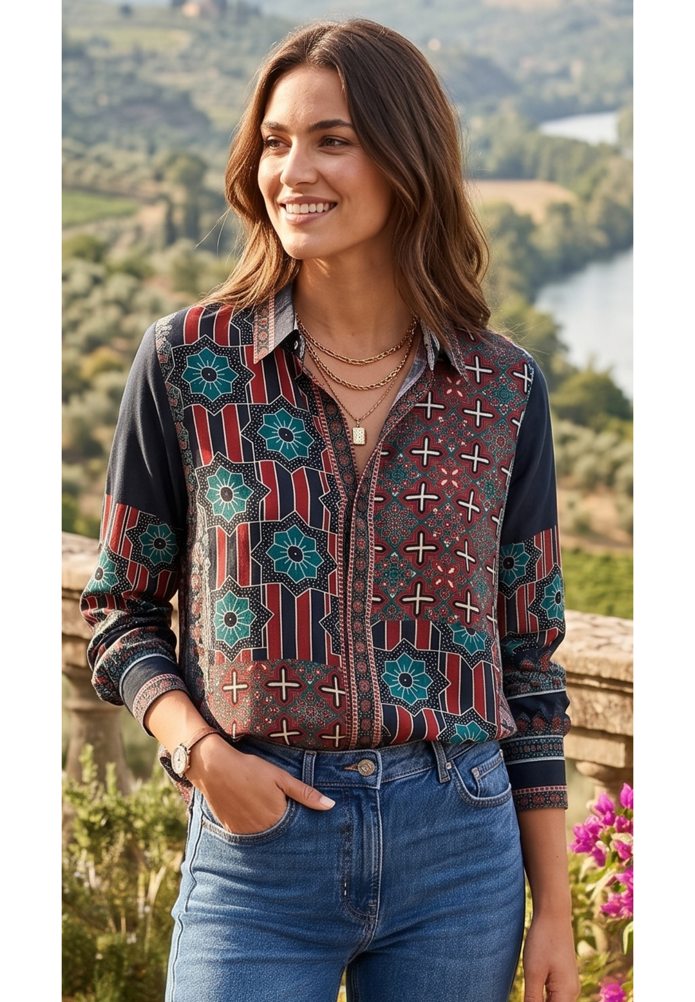 Desert Rose Geometric Ajrakh Aesthetic Casual Muslin Shirt-14477 RB308