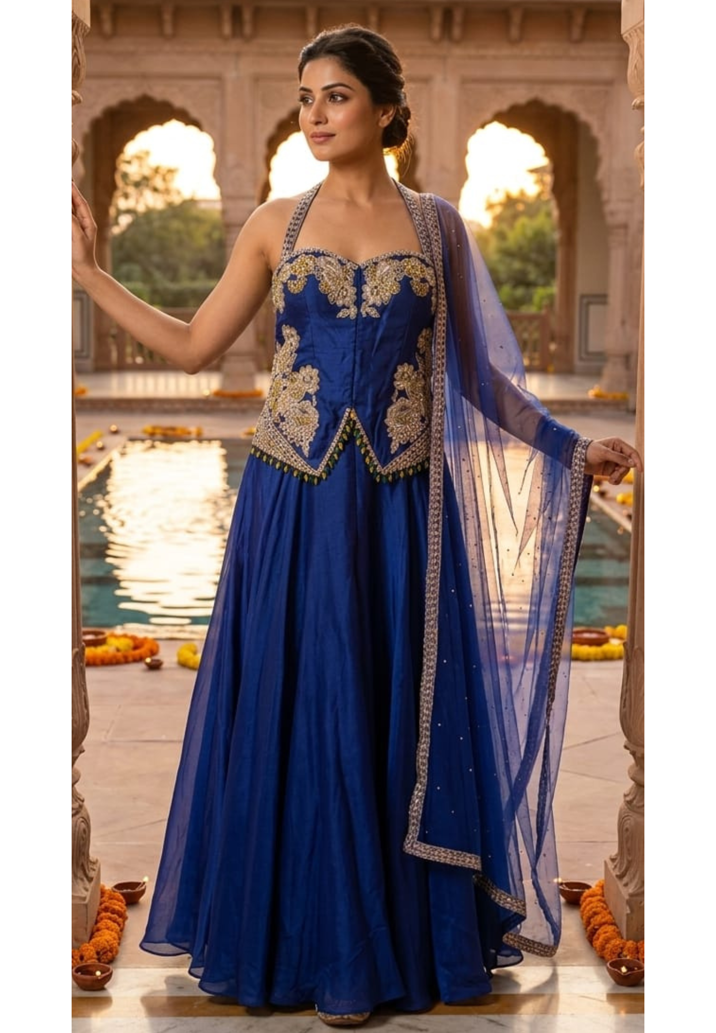 Royal Indigo Hand-Embellished Regal Statement Stunning Scalloped Bodice Indo Wear- 14326