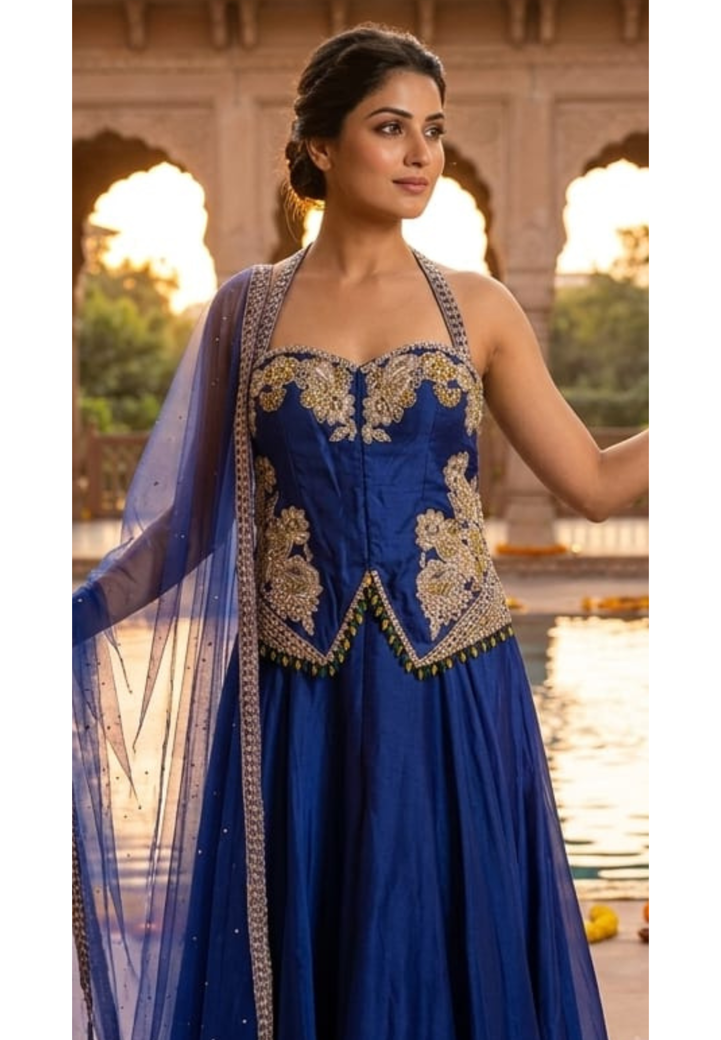 Royal Indigo Hand-Embellished Regal Statement Stunning Scalloped Bodice Indo Wear- 14326