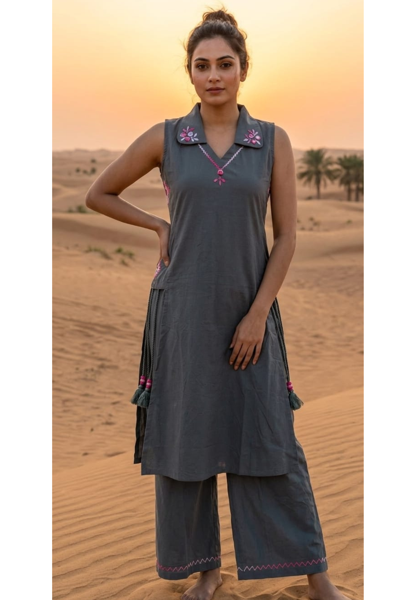 Graceful Thread Embroider Detailing Ash Elegance Sleeveless Cotton Suttel Kurta Pant Set- 14411