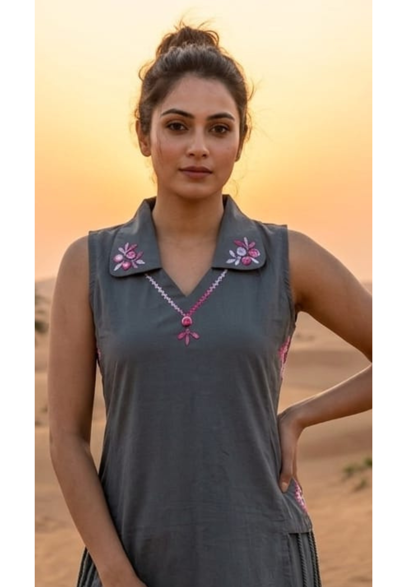 Graceful Thread Embroider Detailing Ash Elegance Sleeveless Cotton Suttel Kurta Pant Set- 14411