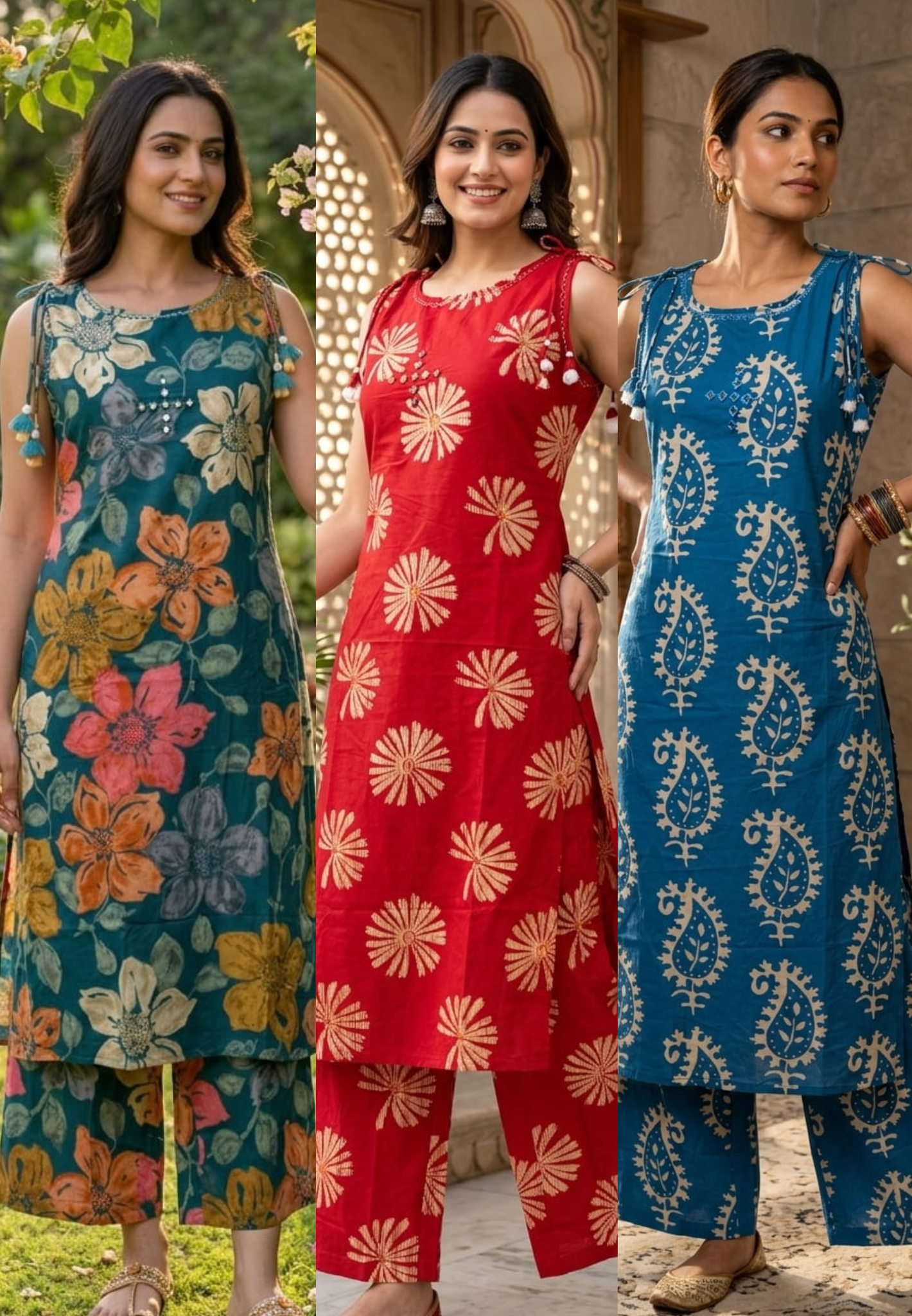 Hand-Block Paisley & Floral Burst Sleeveless Cotton Kurta Pant Set with Tassel Accents- 14503