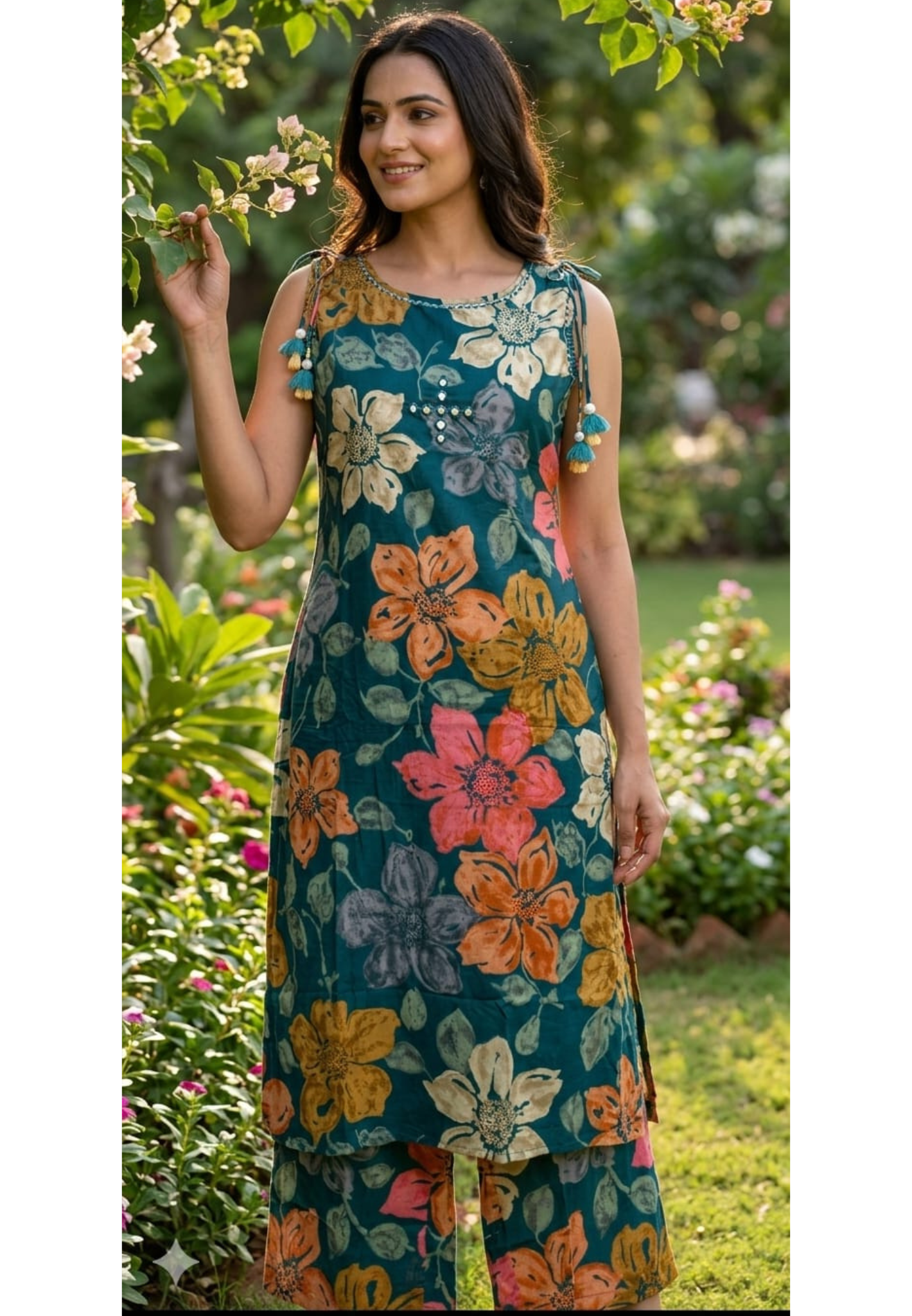 Hand-Block Paisley & Floral Burst Sleeveless Cotton Kurta Pant Set with Tassel Accents- 14503