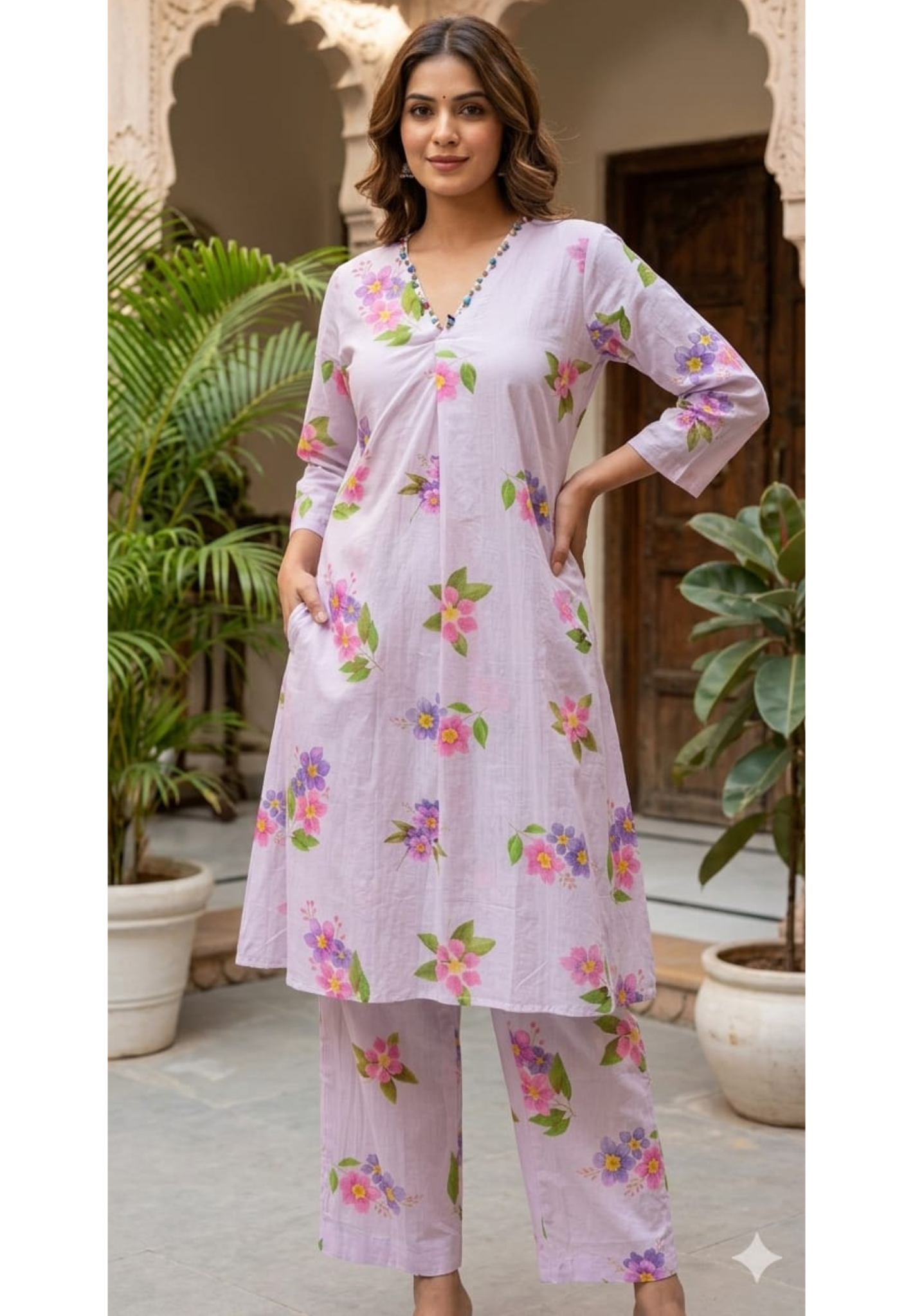 Pastel Lavender A-Line Soft Cotton Floral Printed Kurta with Beaded Neckline And Loose Bottom-14491 RB289