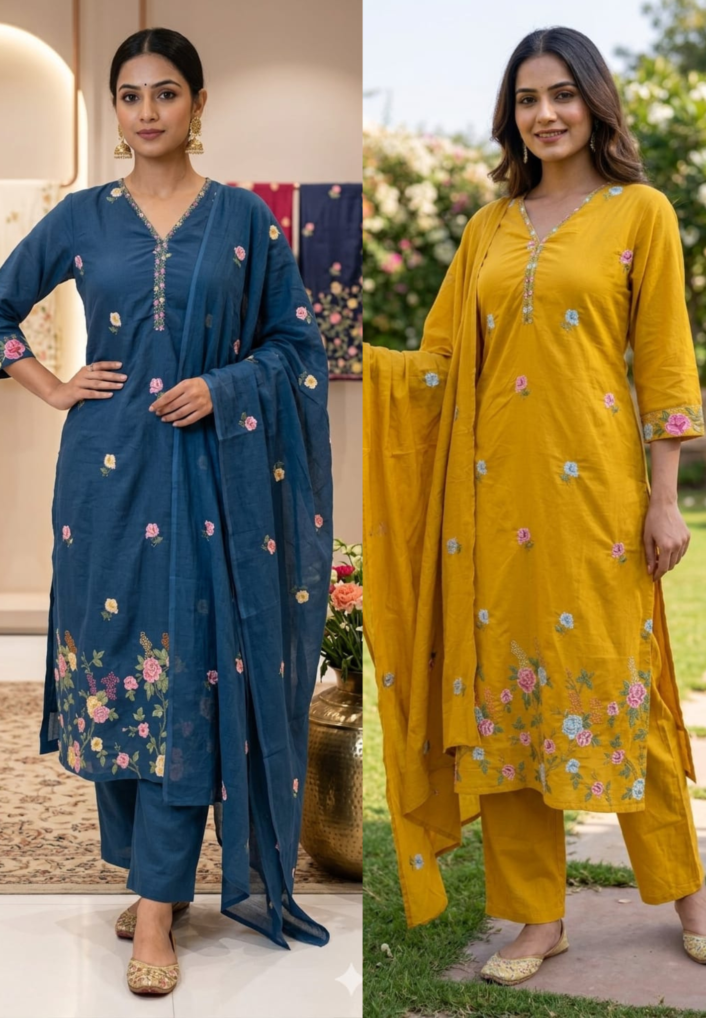 Placement Floral Fine Intricate Embroidery Solid Cotton Full Suit Set With Dupatta- 14470 RB293
